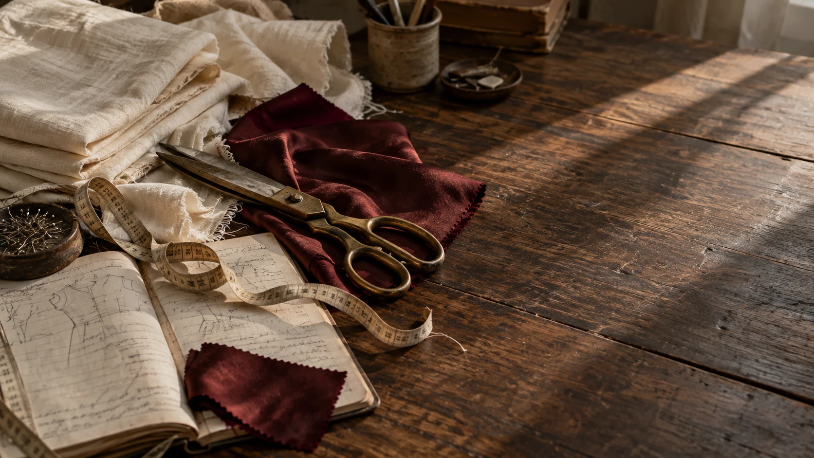 An editorial still life of cloth, fitting tools and a notebook