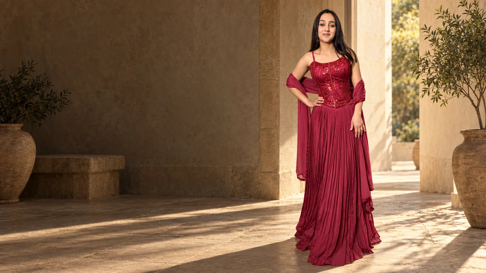 A complete wine-coloured ensemble settles in the light of a warm courtyard.