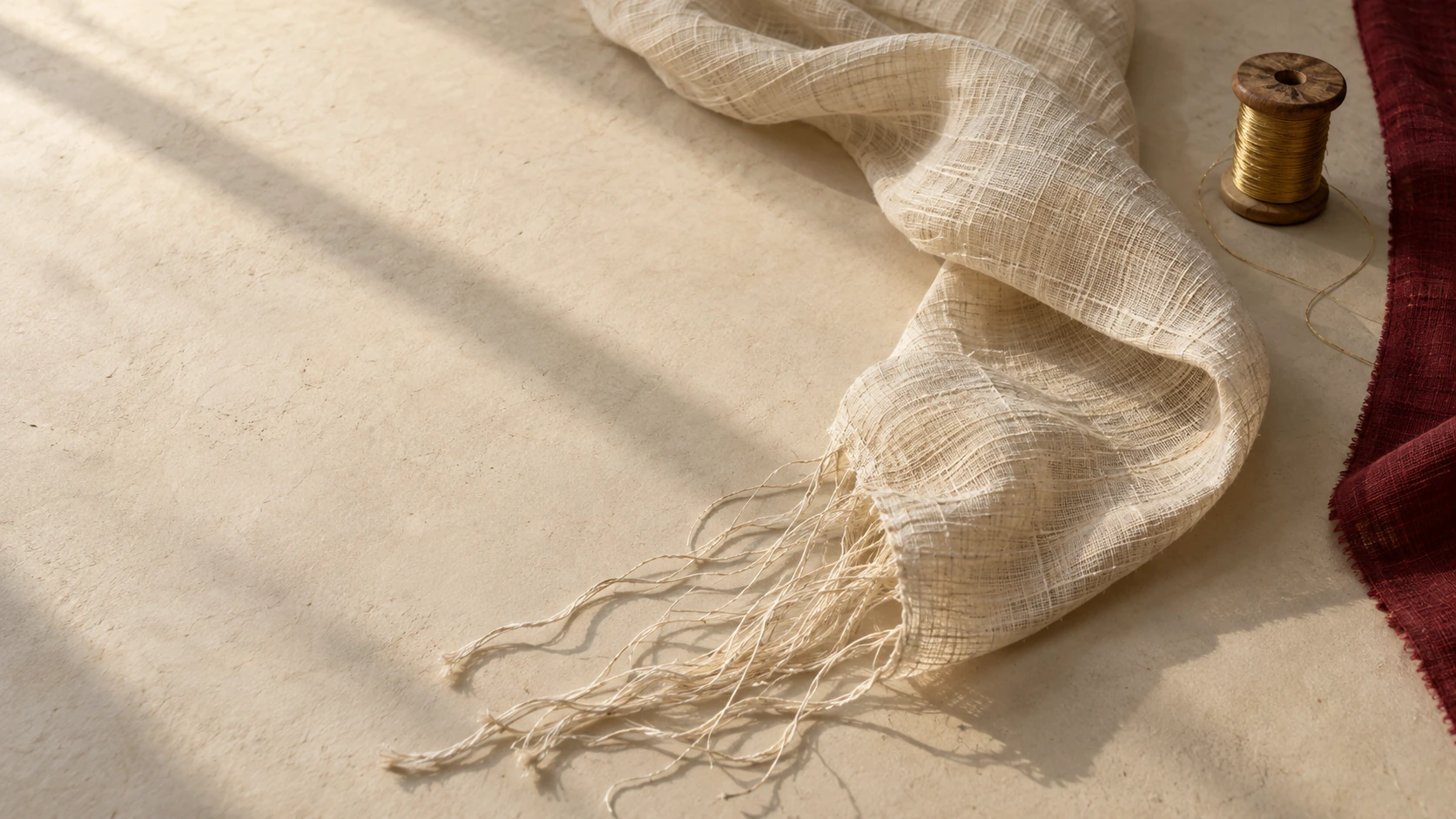 An editorial material study of ivory cloth, loose threads and a wooden spool