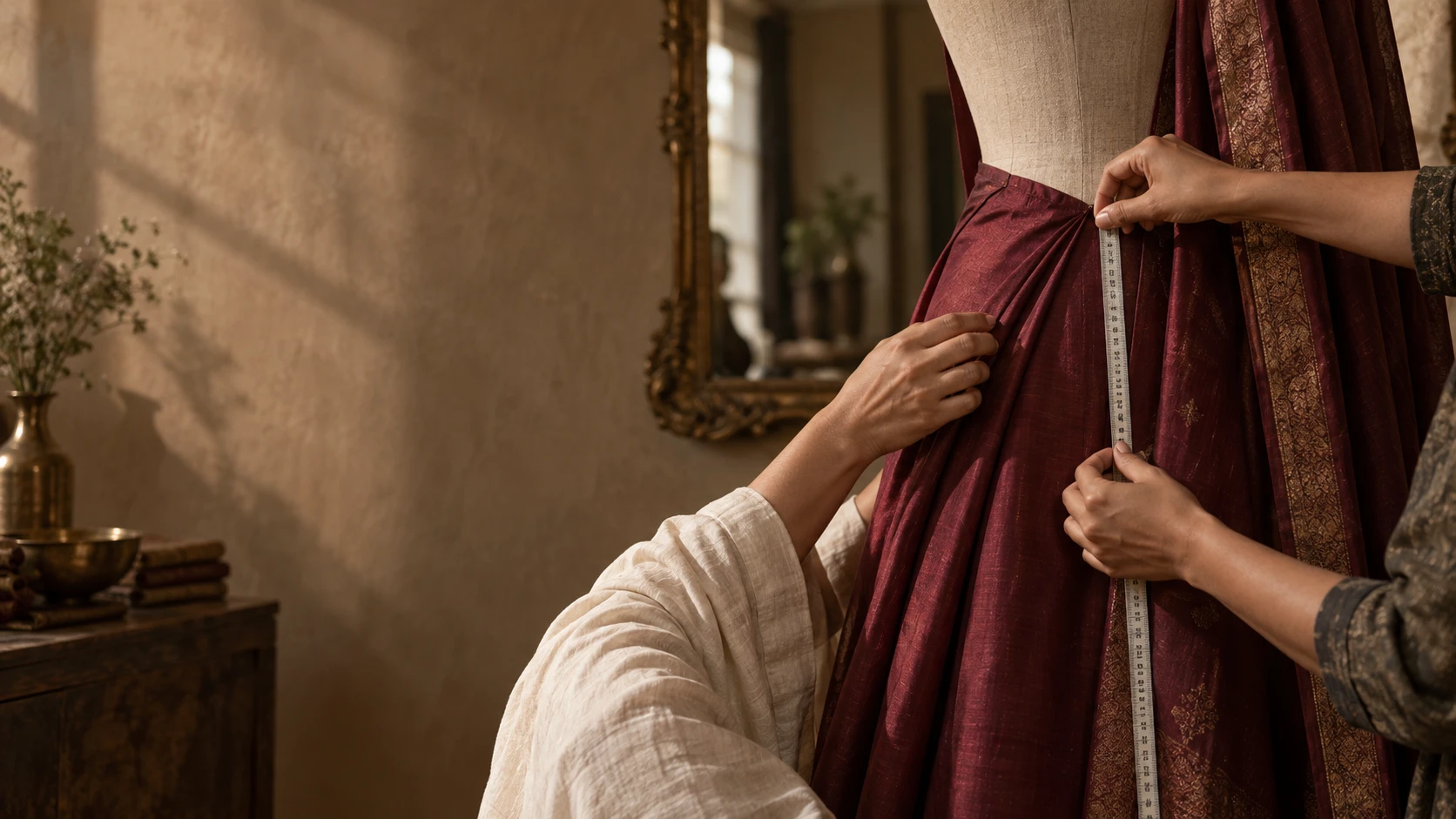An editorial close-up of hands considering the drape of wine fabric.
