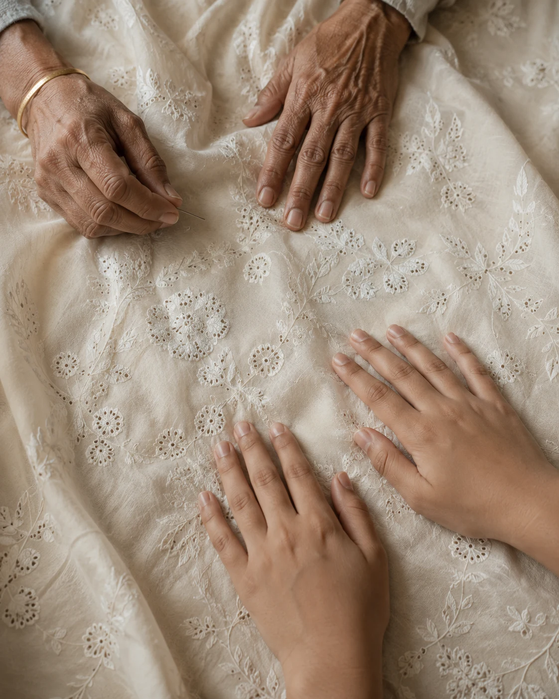 An editorial study of two generations sharing a piece of embroidered cloth