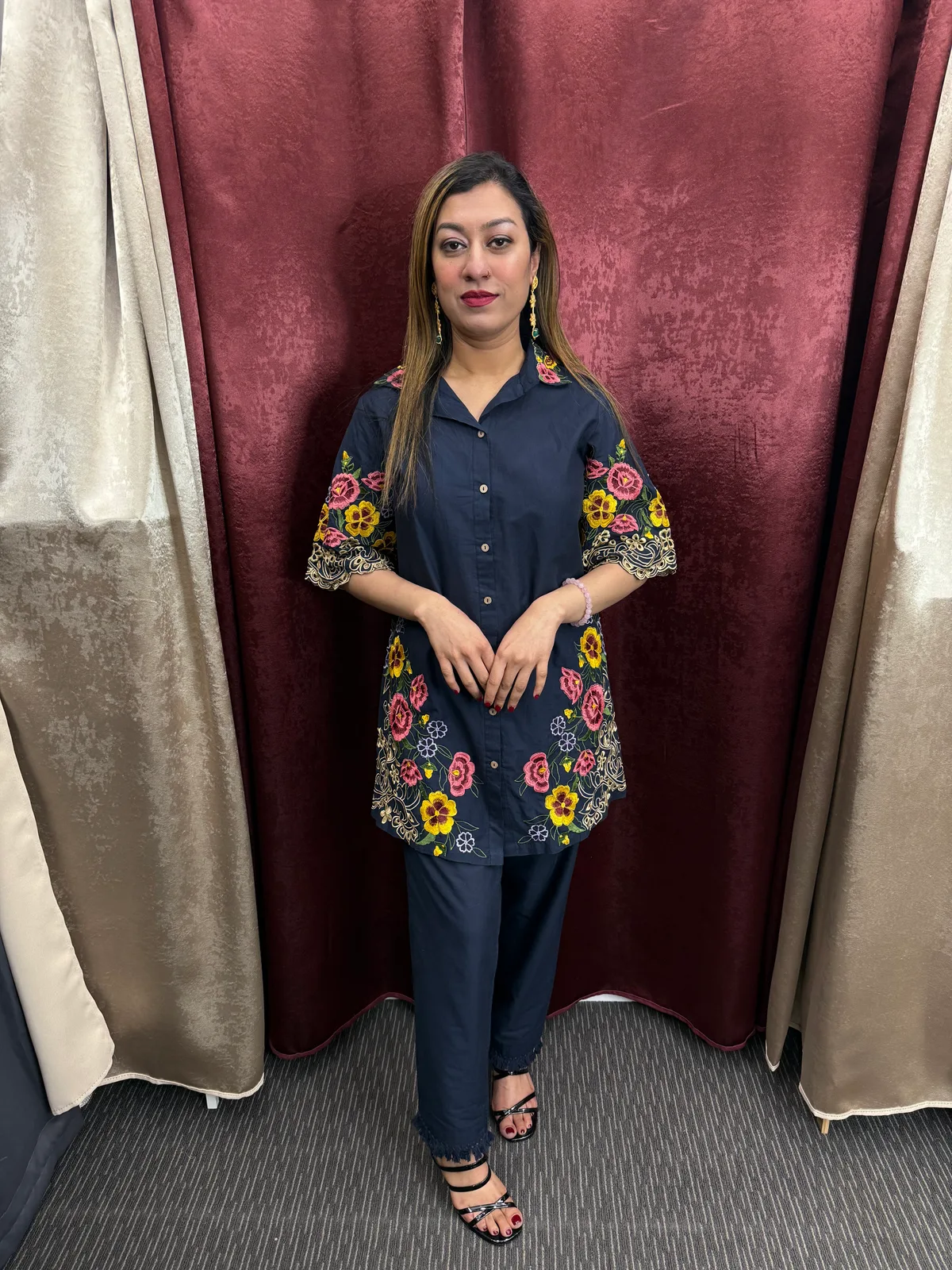 Navy Blue Floral Embroidered Cotton Shirt Kurta Co Ord Set