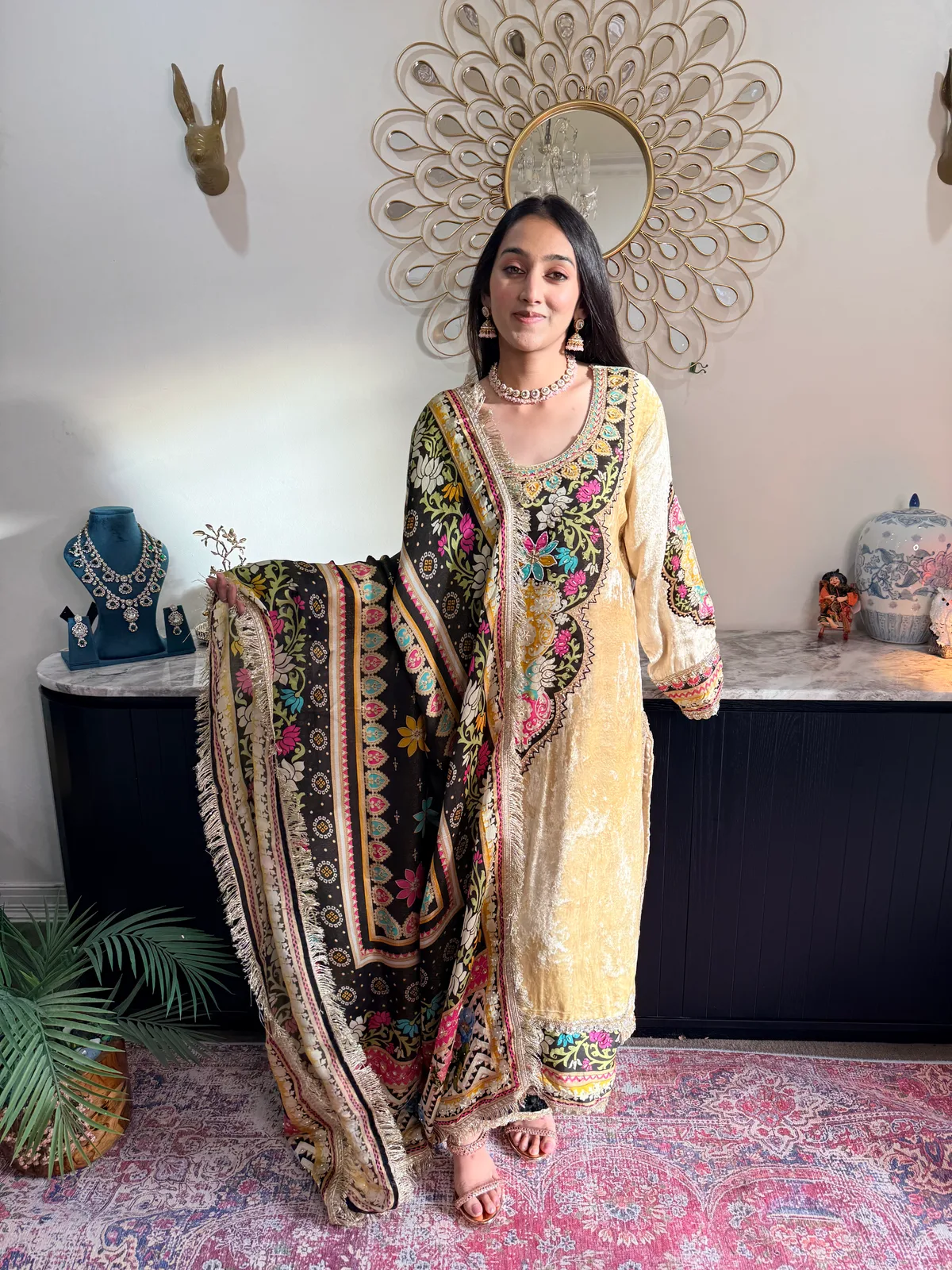 Hand-Embroidered Velvet Shirt with Digital Dupatta