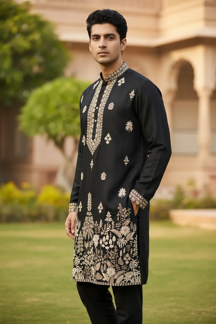 Black Kurta Set with Gold Floral Embroidery