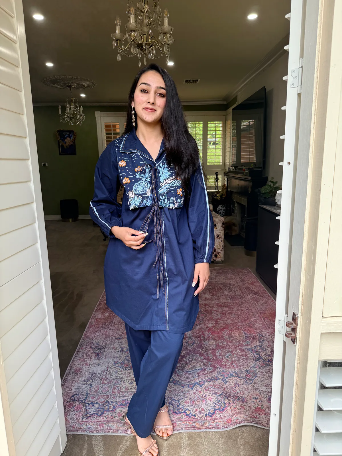 Navy Denim Co-ord Set with Embroidery