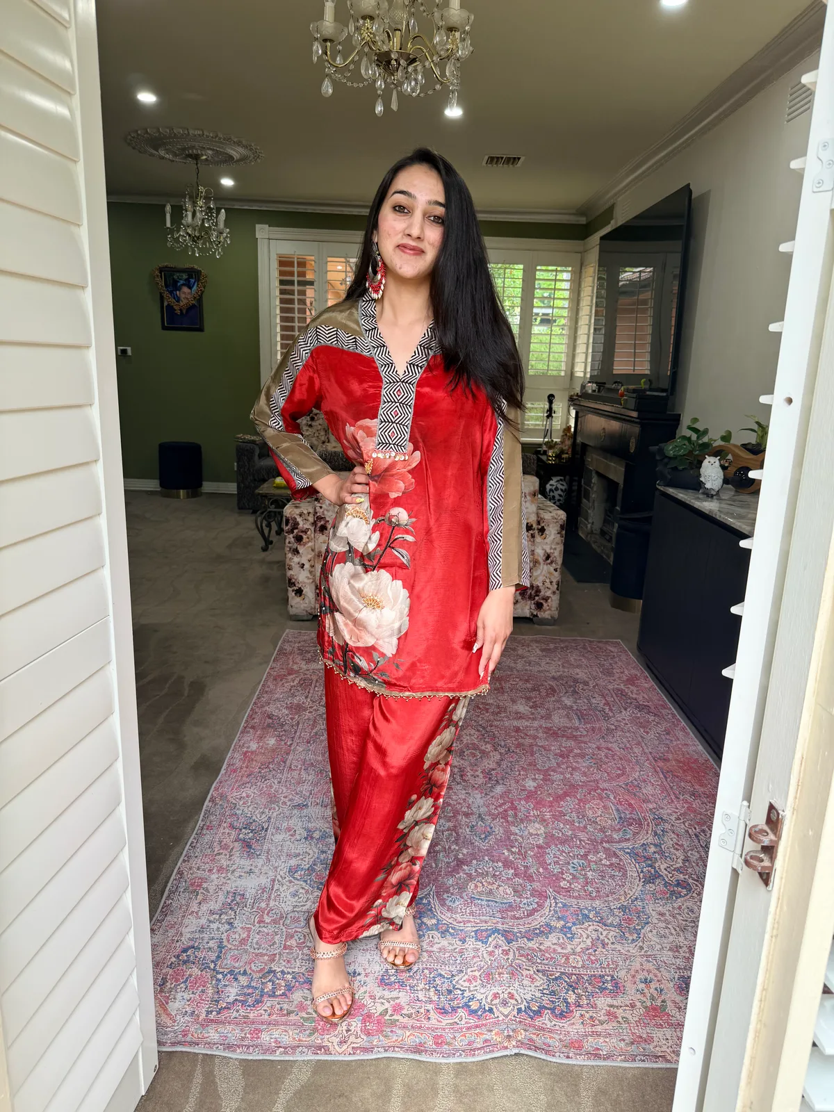 Red Crepe Co-ord Set with Hand Embroidery