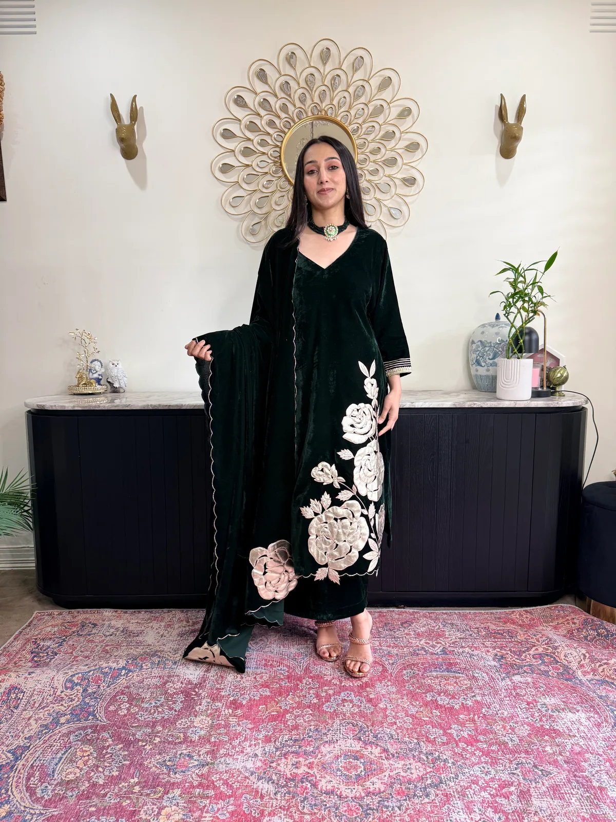 Emerald Velvet Palazzo Set with Patch Work