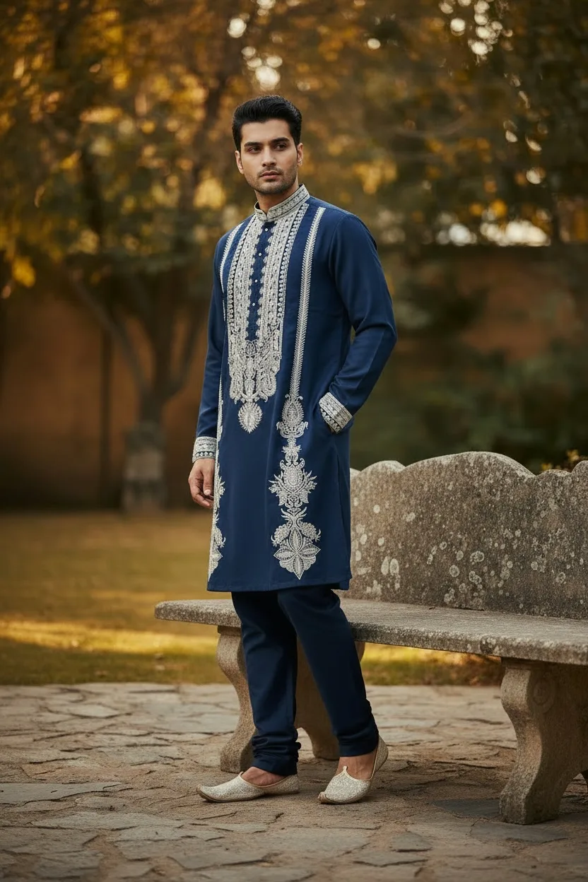 Teal Kurta Set with Botanical Embroidery