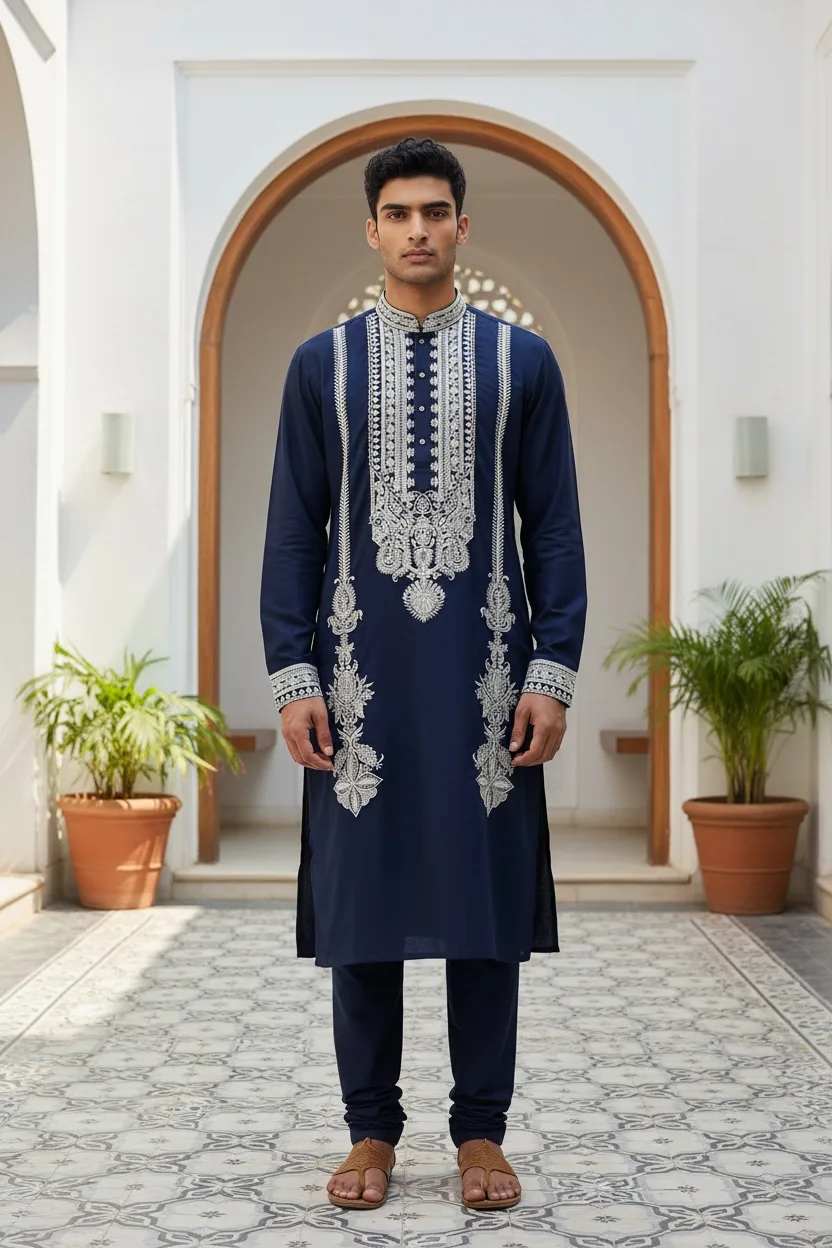 Navy Kurta Set with Vertical Band Embroidery