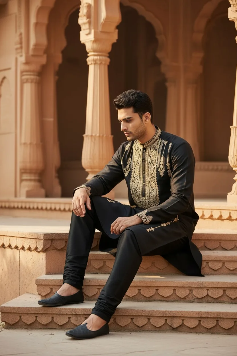 Black Kurta Set with Gold Panel Embroidery