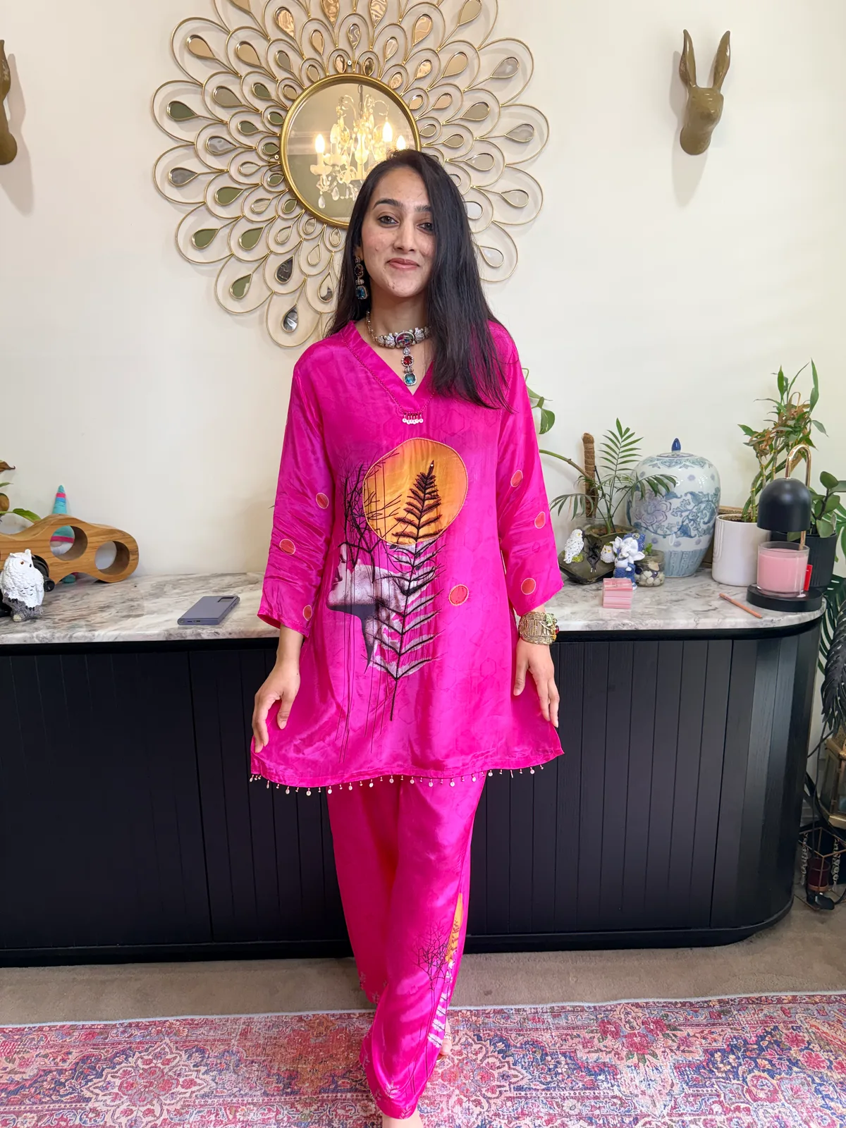 Pink Crepe Co-ord Set with Hand Embroidery
