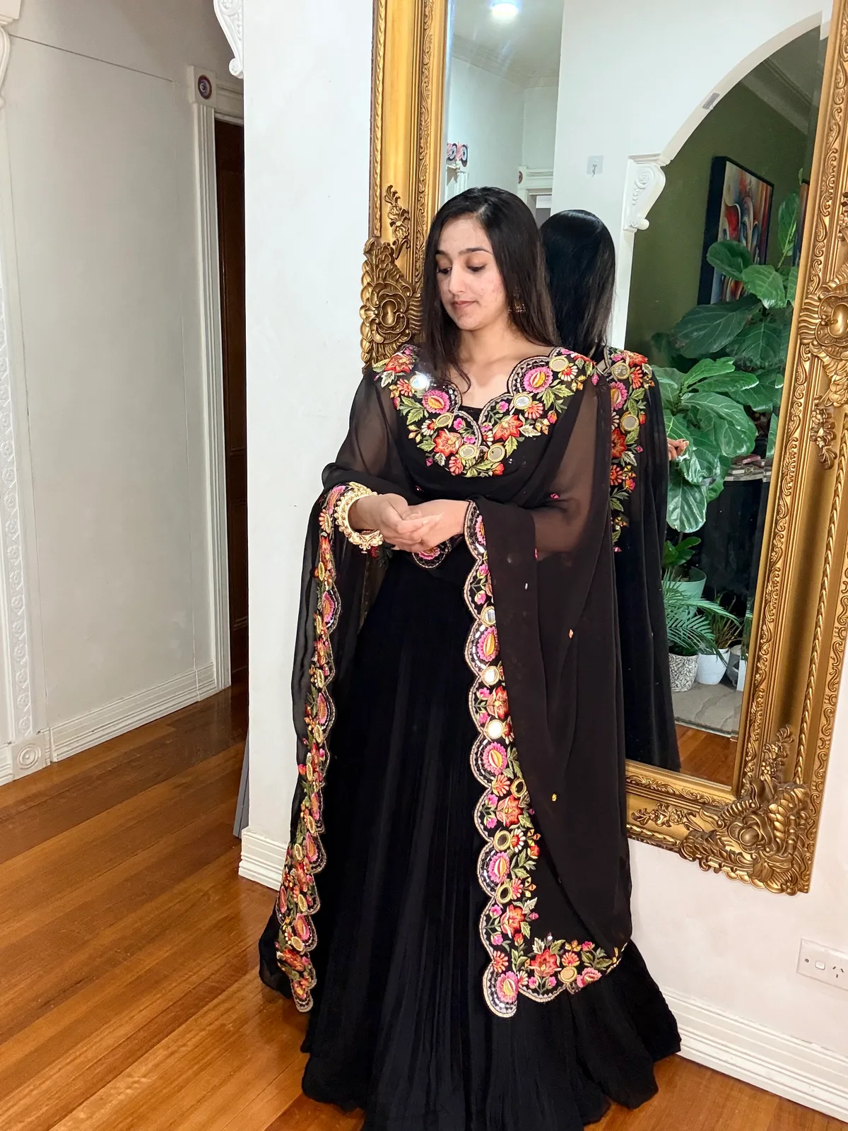 Black Sequin Blouse with Georgette Lehenga and Embroidered Dupatta