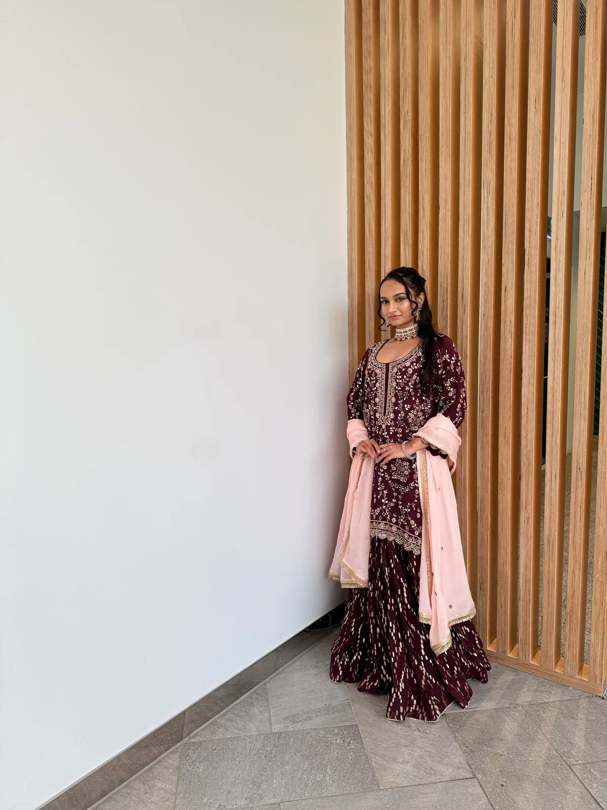 Wine Hand-Embroidered Lehenga Suit with Contrast Dupatta