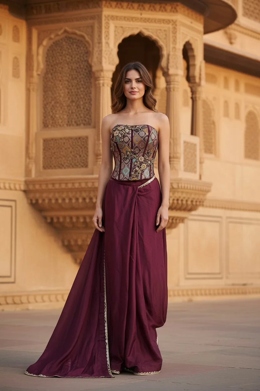 Maroon Ready-to-Wear Saree with Hand-Embroidered Corset Blouse