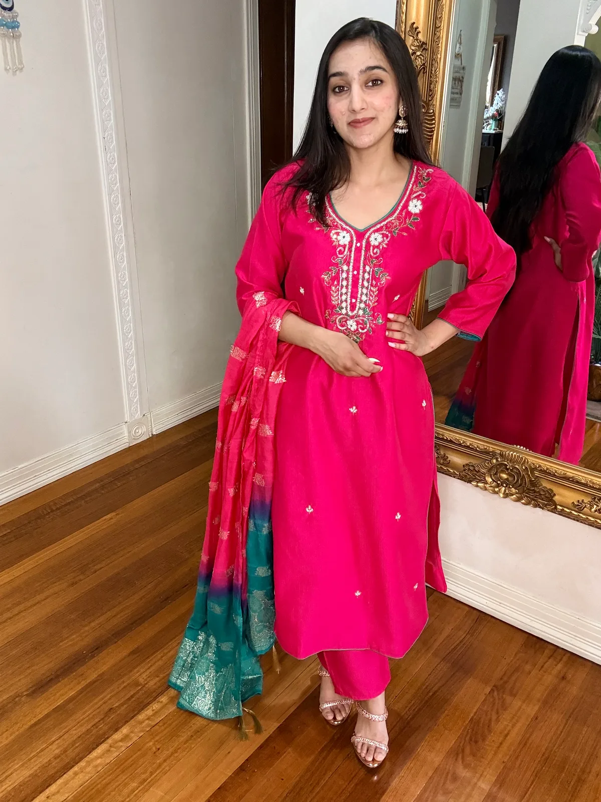 Pink Hand-Embroidered Cotton Suit with Pants and Dupatta
