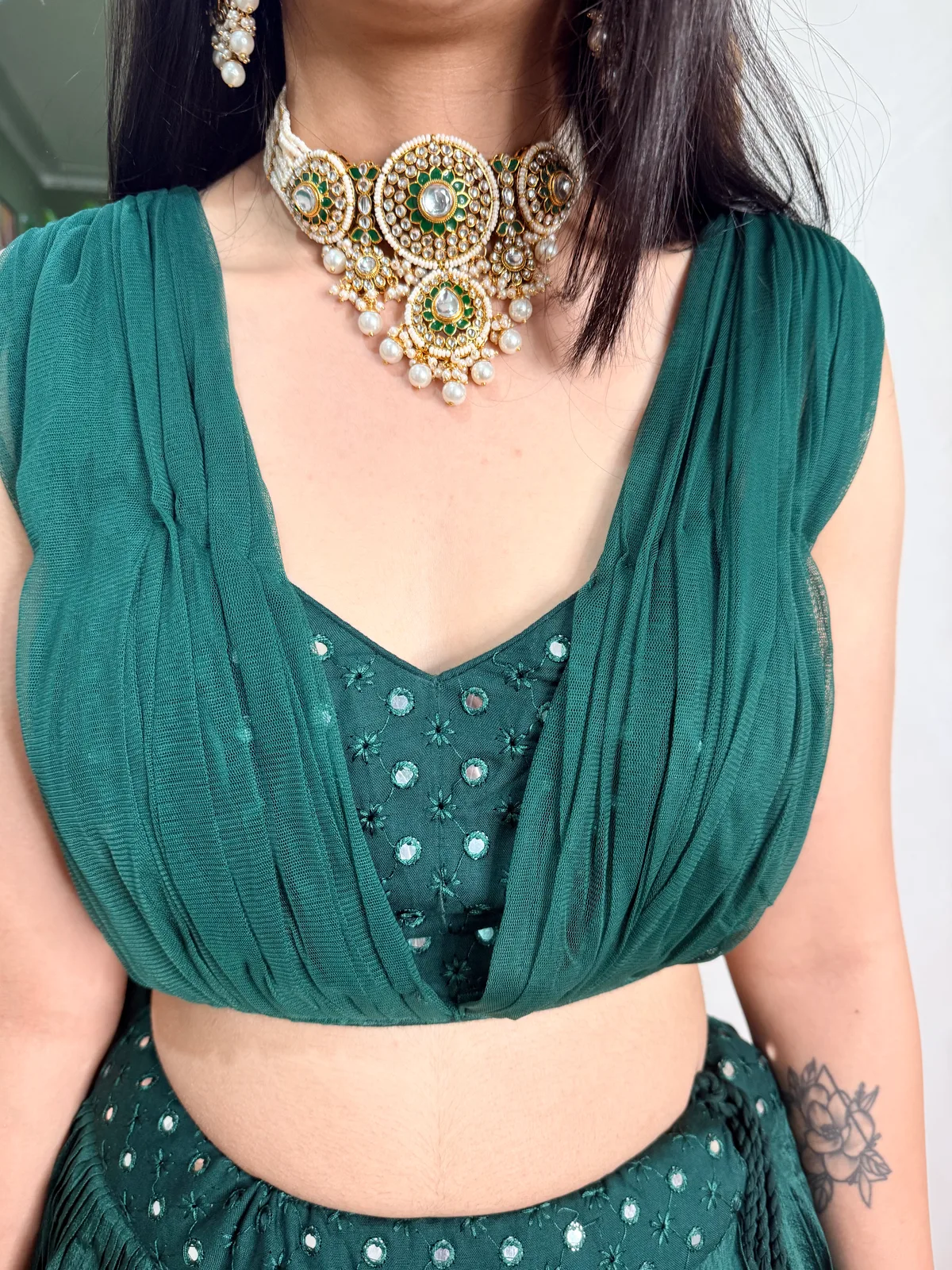 Emerald Mirror-Embroidered Blouse with Chinon Lehenga