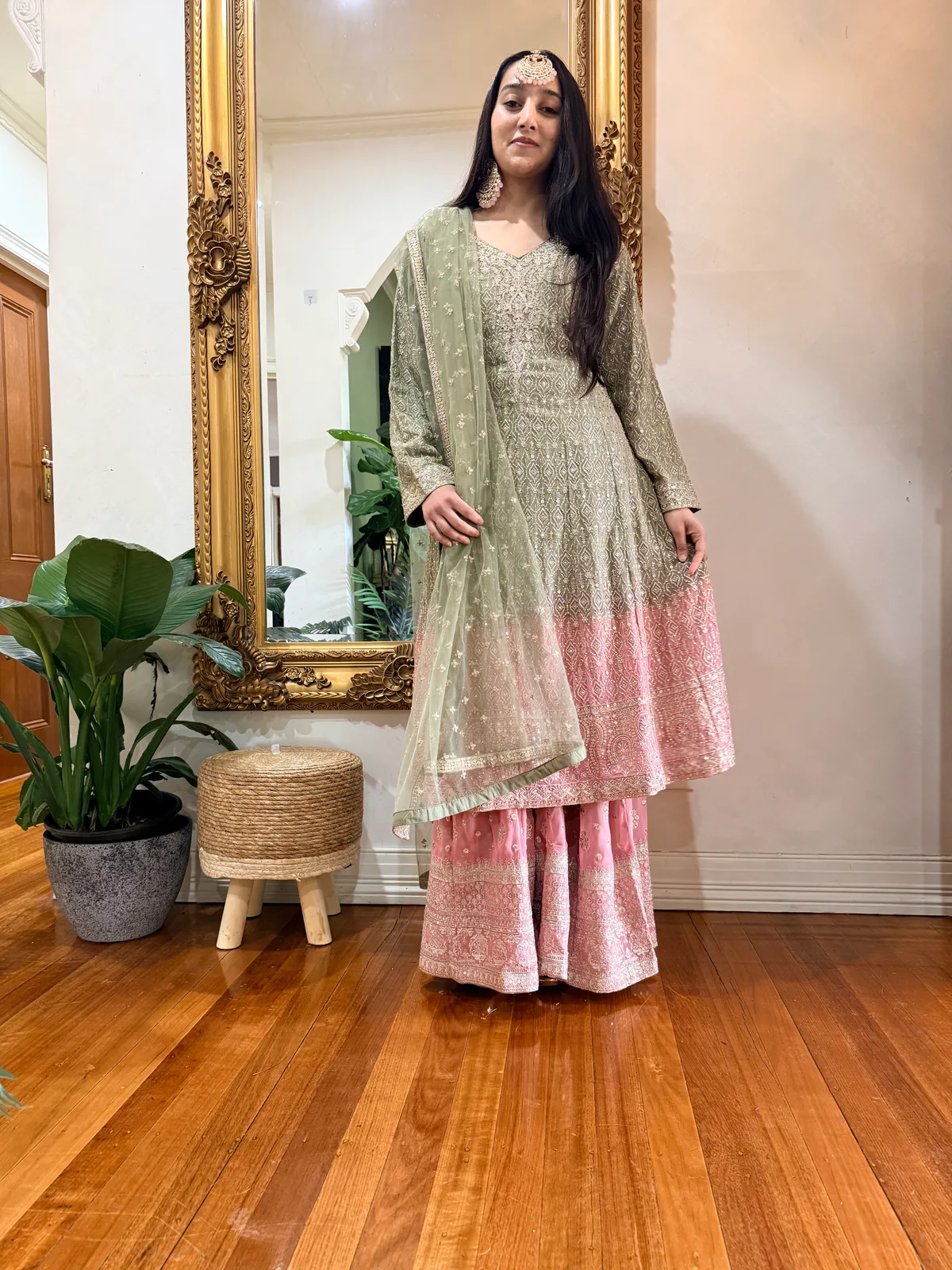 Sage-to-Pink Ombre Zari-Embroidered Anarkali with Sharara