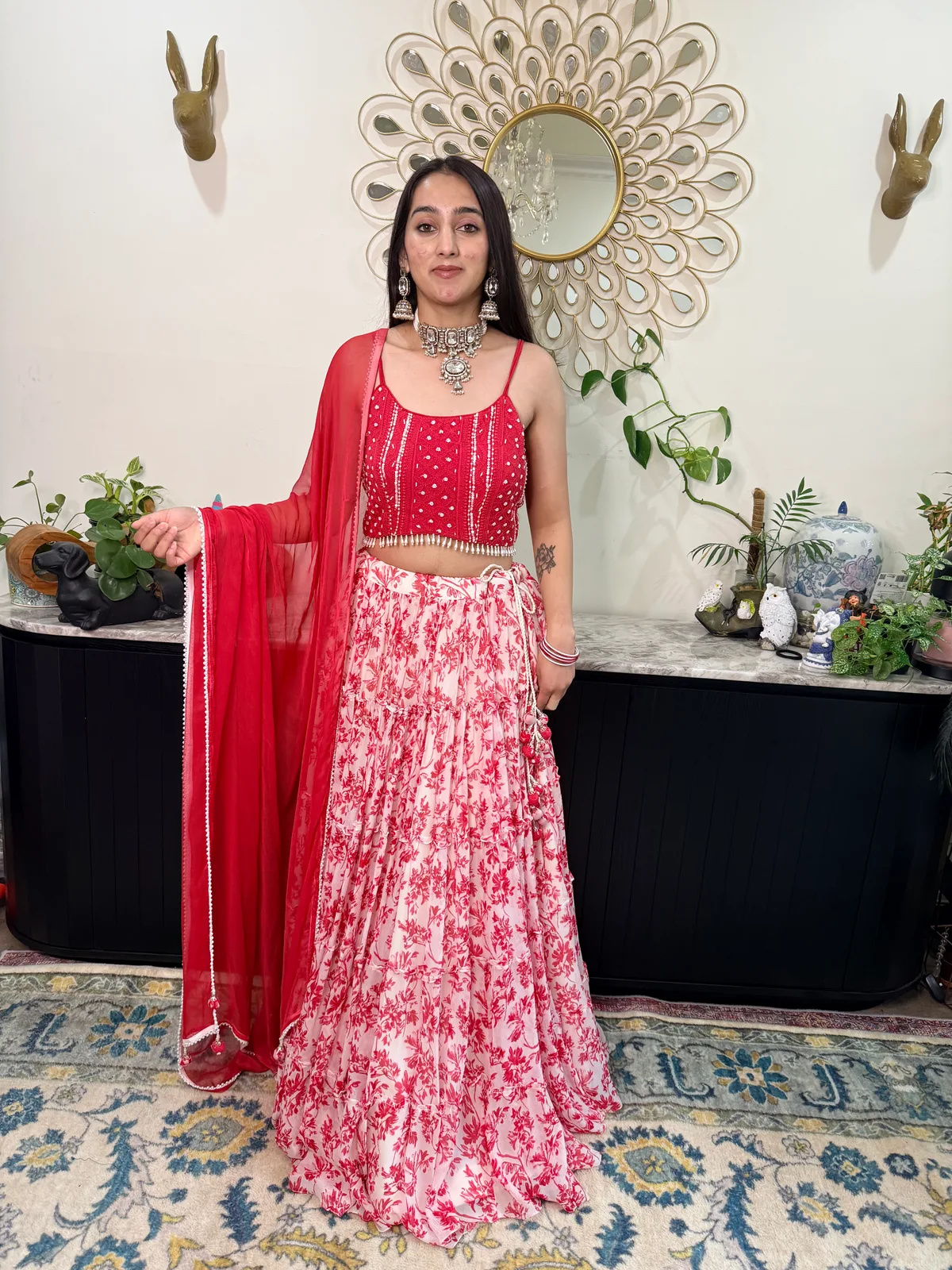 Red Floral-Print Lehenga with Beaded Lucknowi Choli