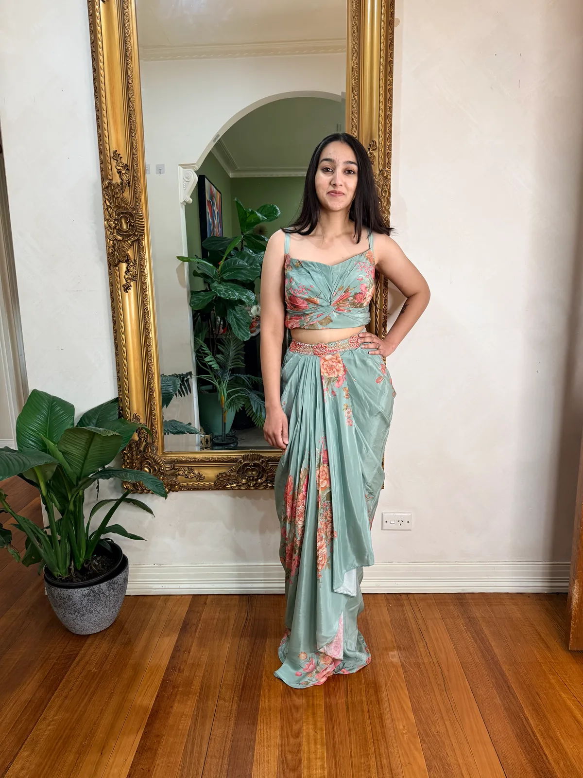 Sage Floral-Print Cape Set, Indo-Western — original photograph