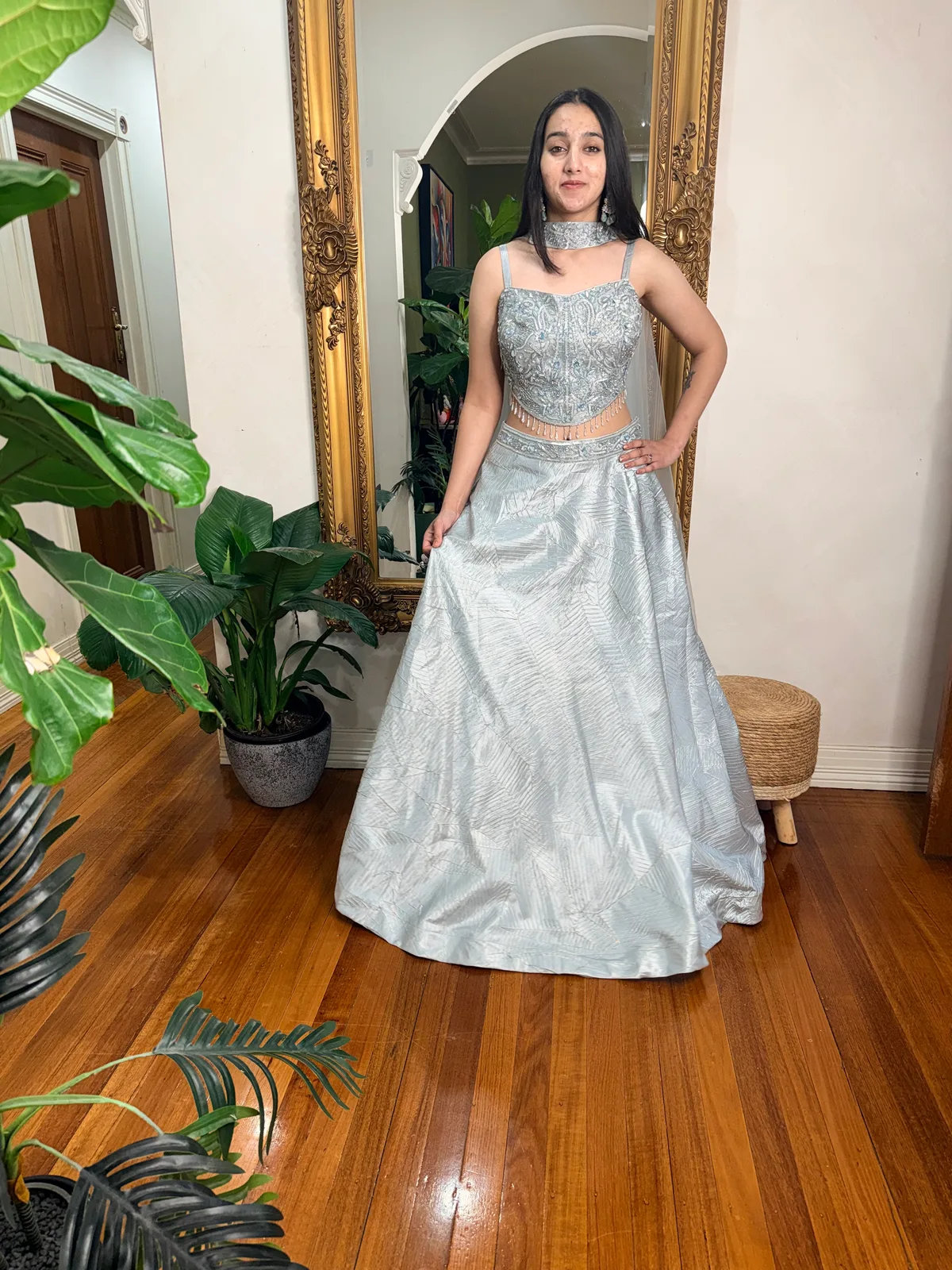 Ice-Blue Hand-Embroidered Corset with Textured Lehenga Skirt — original photograph