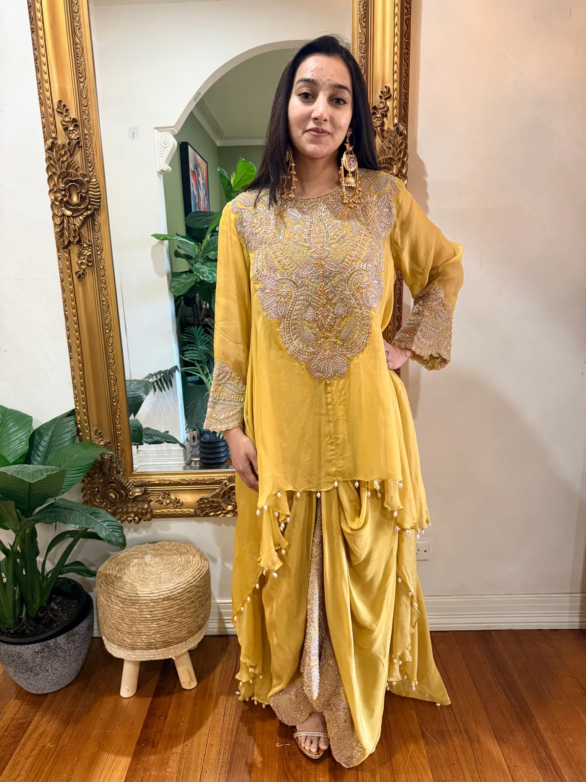 Mustard Embroidered Dhoti Skirt with Asymmetrical Top