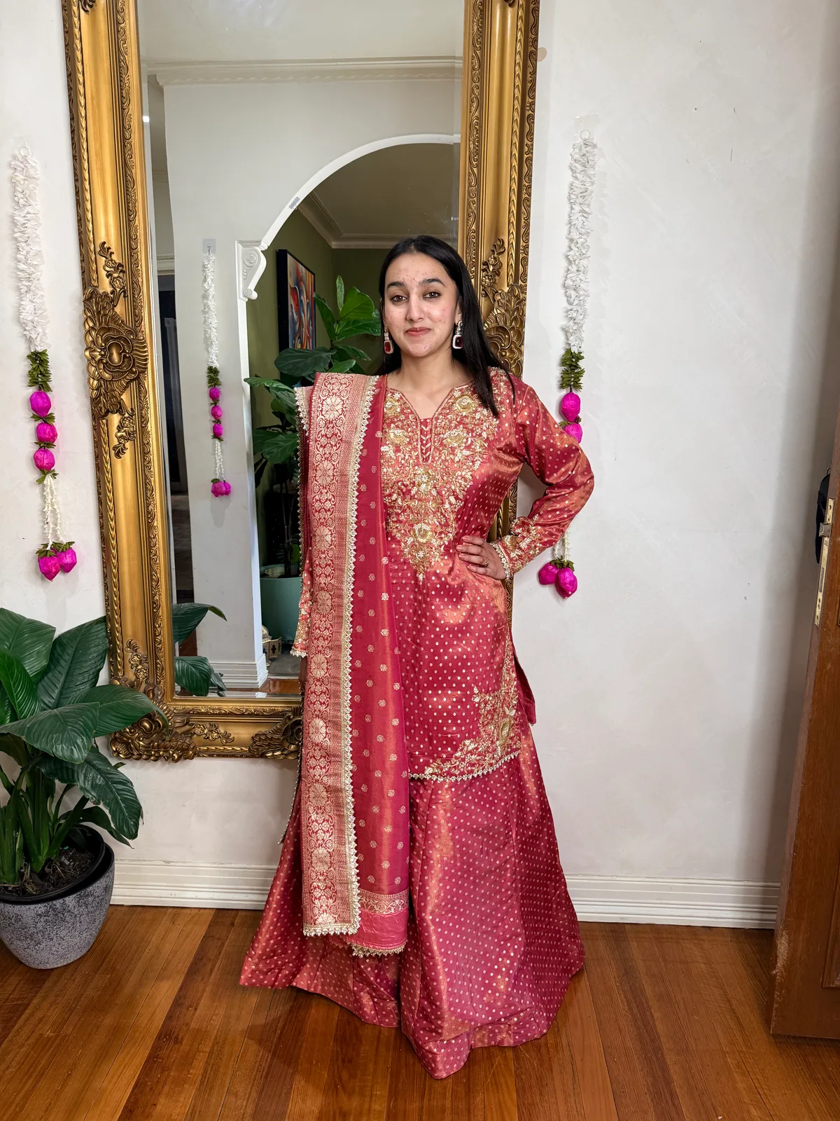 Rust Brocade Sharara Set with Hand Embroidery and Banarasi Dupatta