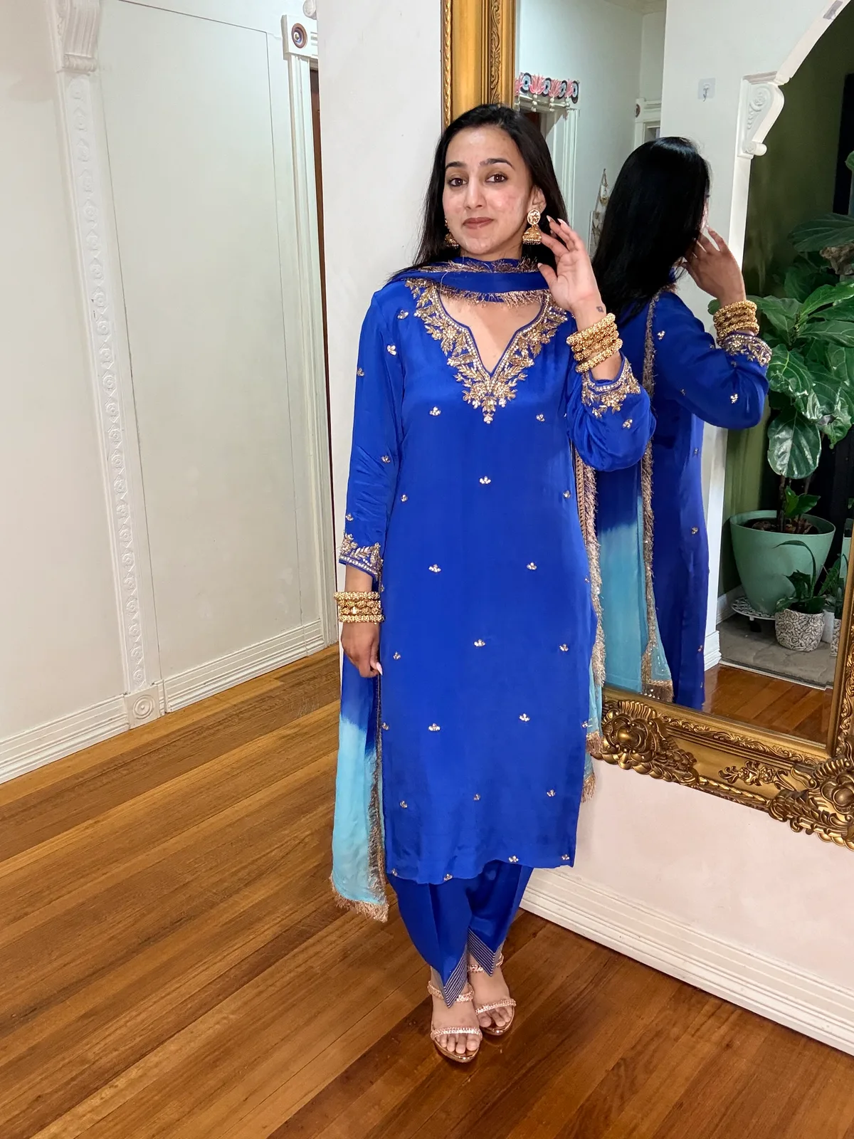 Electric Blue Chinon Salwar Suit with Hand-Embroidered Neckline