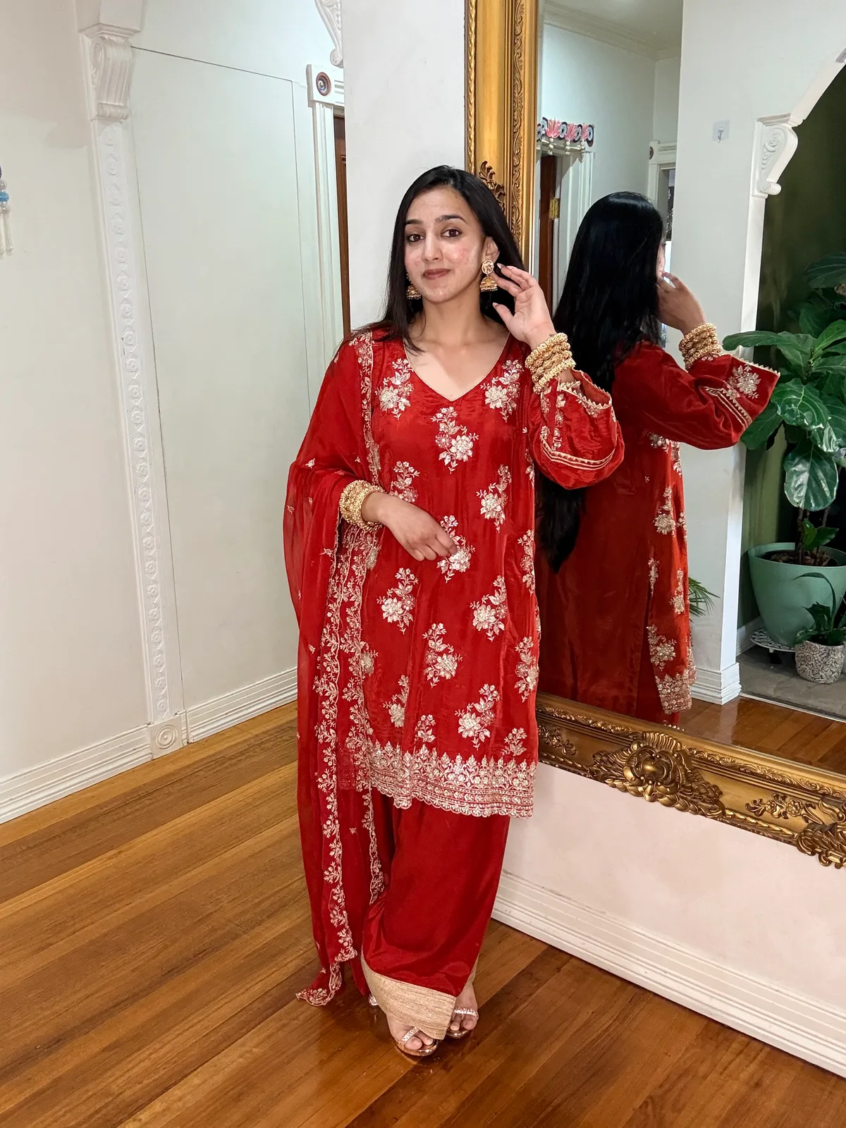 Rust Farshi Salwar Set with Embroidered Front
