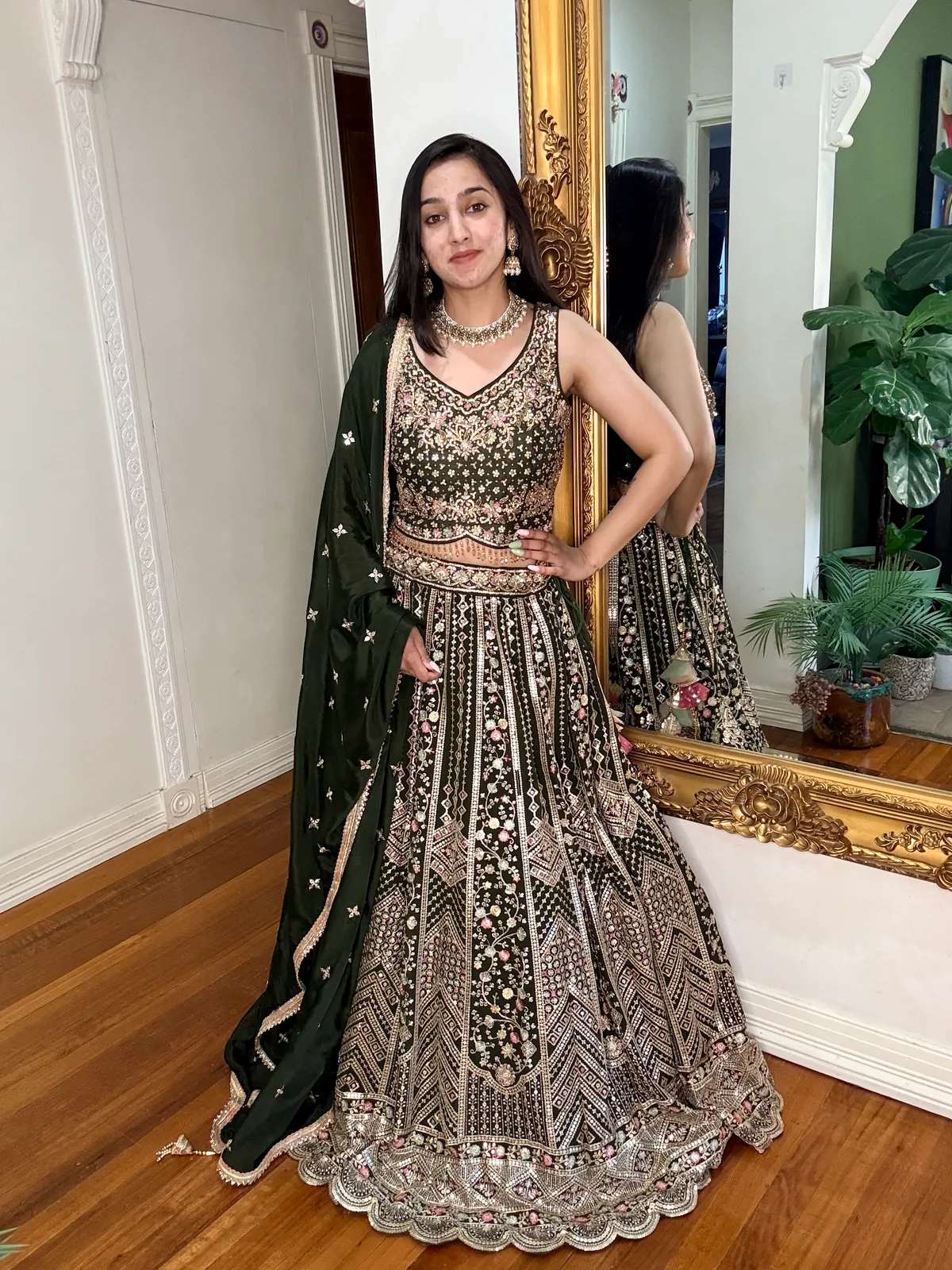 Bottle Green Sequin and Resham Embroidered Lehenga Set