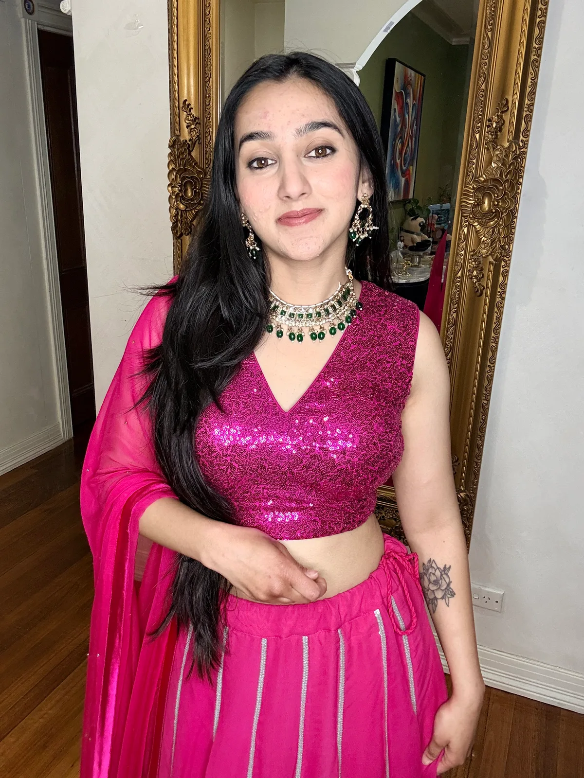 Hot Pink Sequin Crop Top Lehenga Set