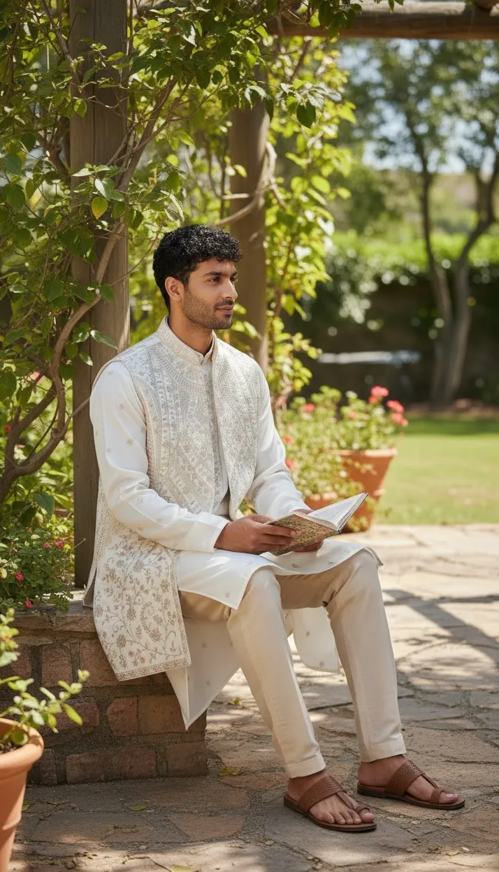 Ivory Men's Jacket Set with Resham Embroidery