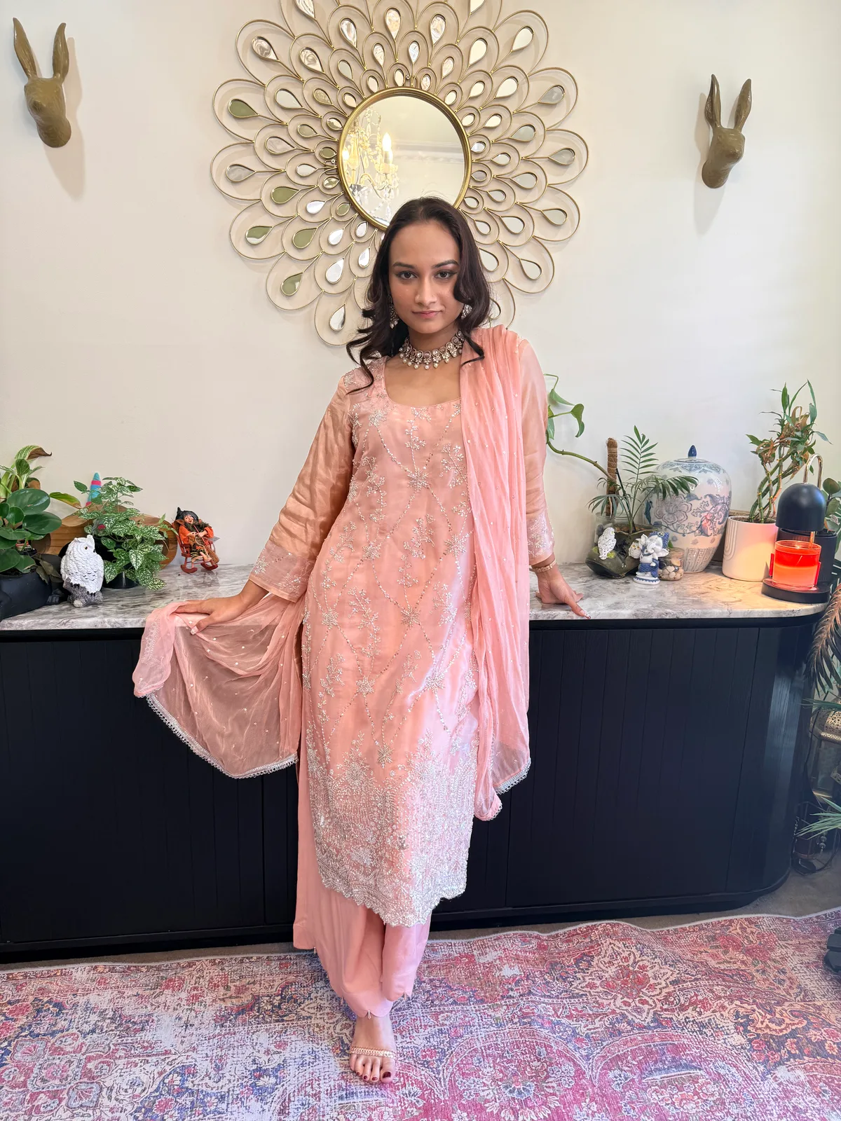 Blush Organza Suit with Bead-Work Embroidery and Palazzo