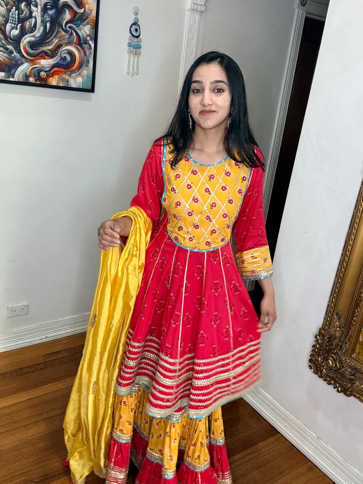 Red and Yellow Printed Cotton Peplum with Sharara