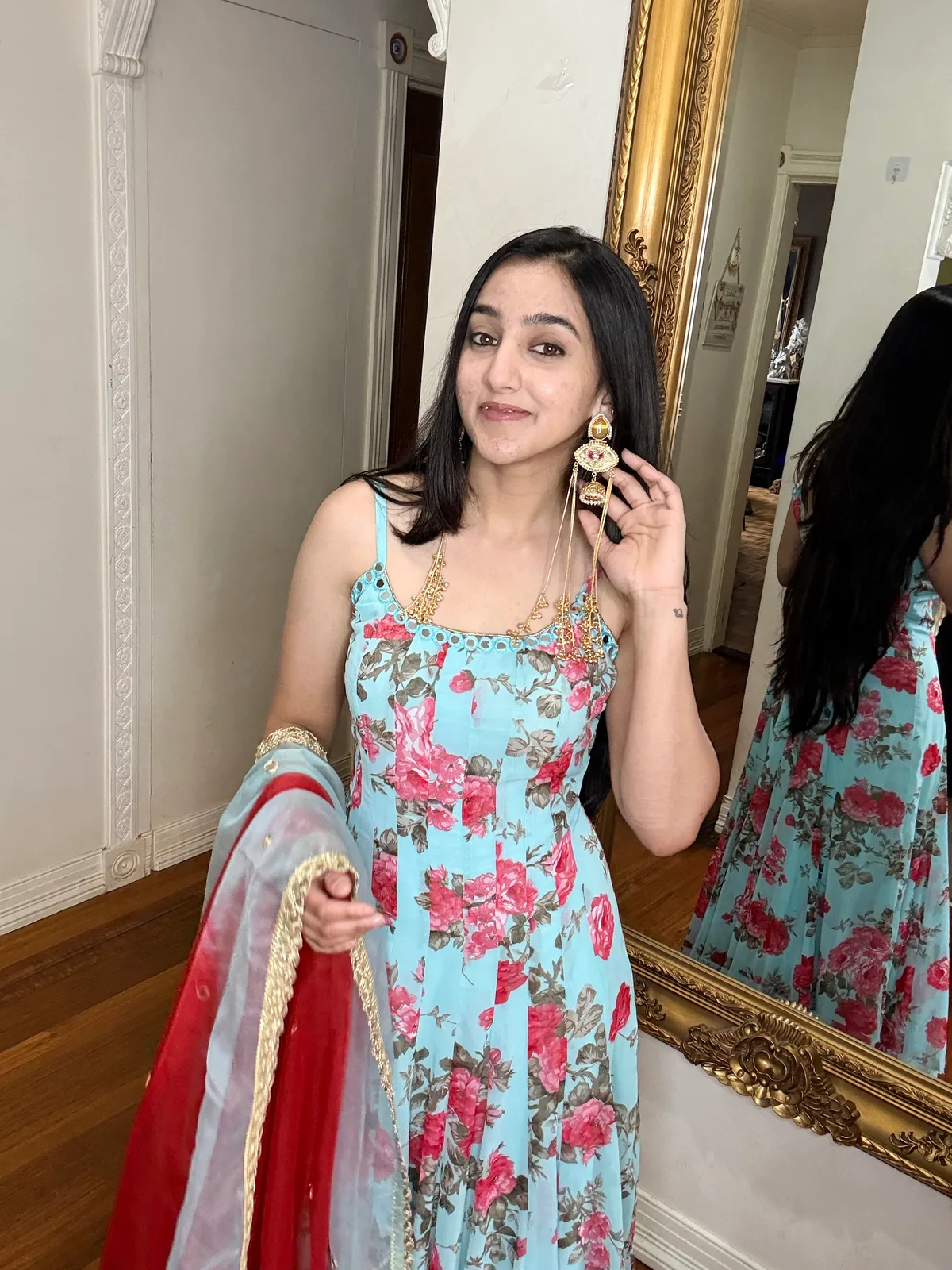 Light Blue Floral-Print Anarkali with Mirror-Work Neckline
