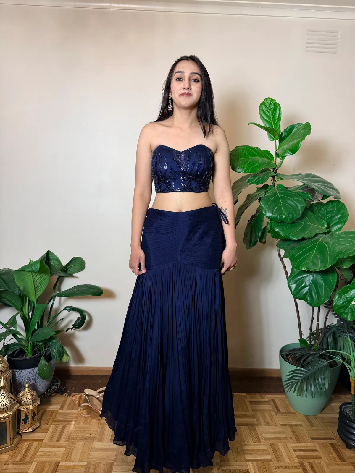 Navy Blue Fish-Cut Lehenga with Beaded Tube Blouse