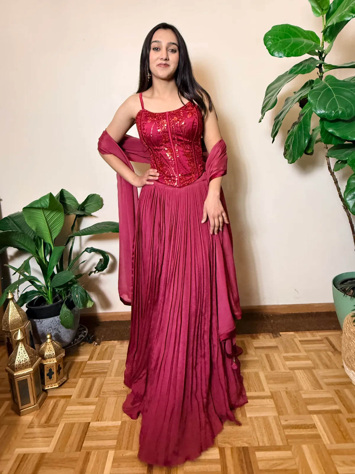 Maroon Pearl and Sequin Corset with Chinon Lehenga Skirt