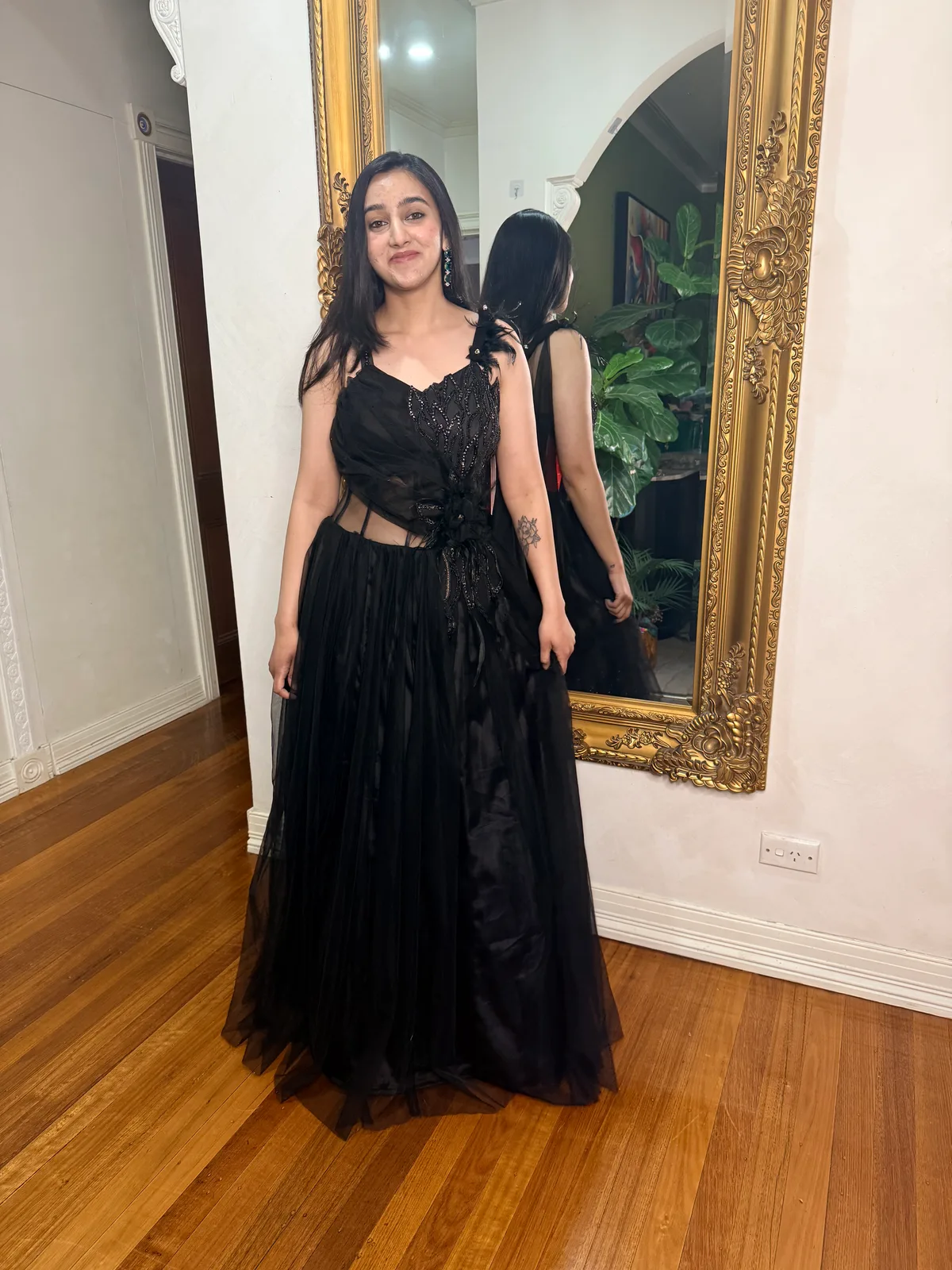 Black Hand-Embroidered Choli with Floor-Length Tulle Gown