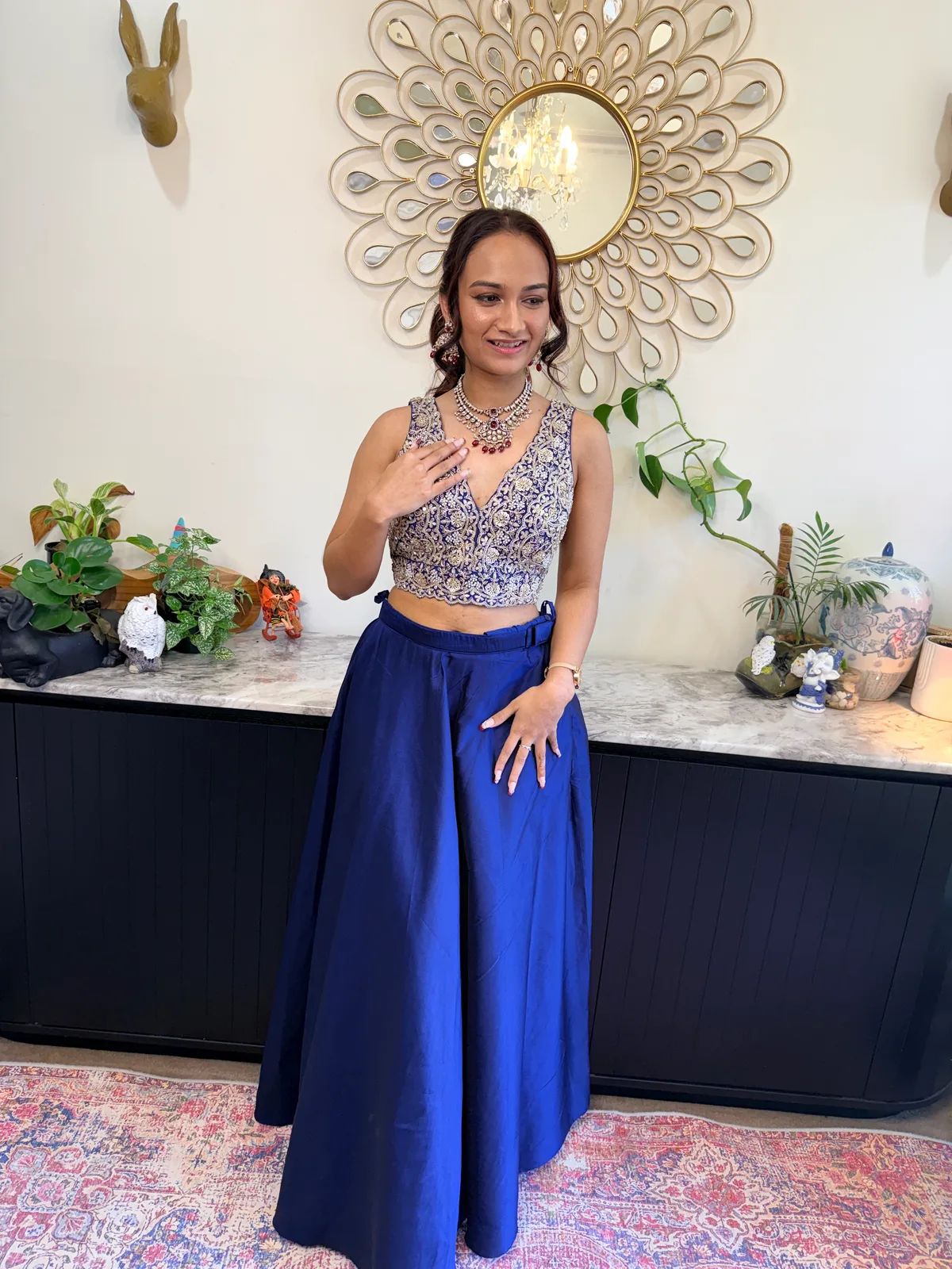 Royal Blue Embroidered Lace Choli with Tafta Silk Skirt