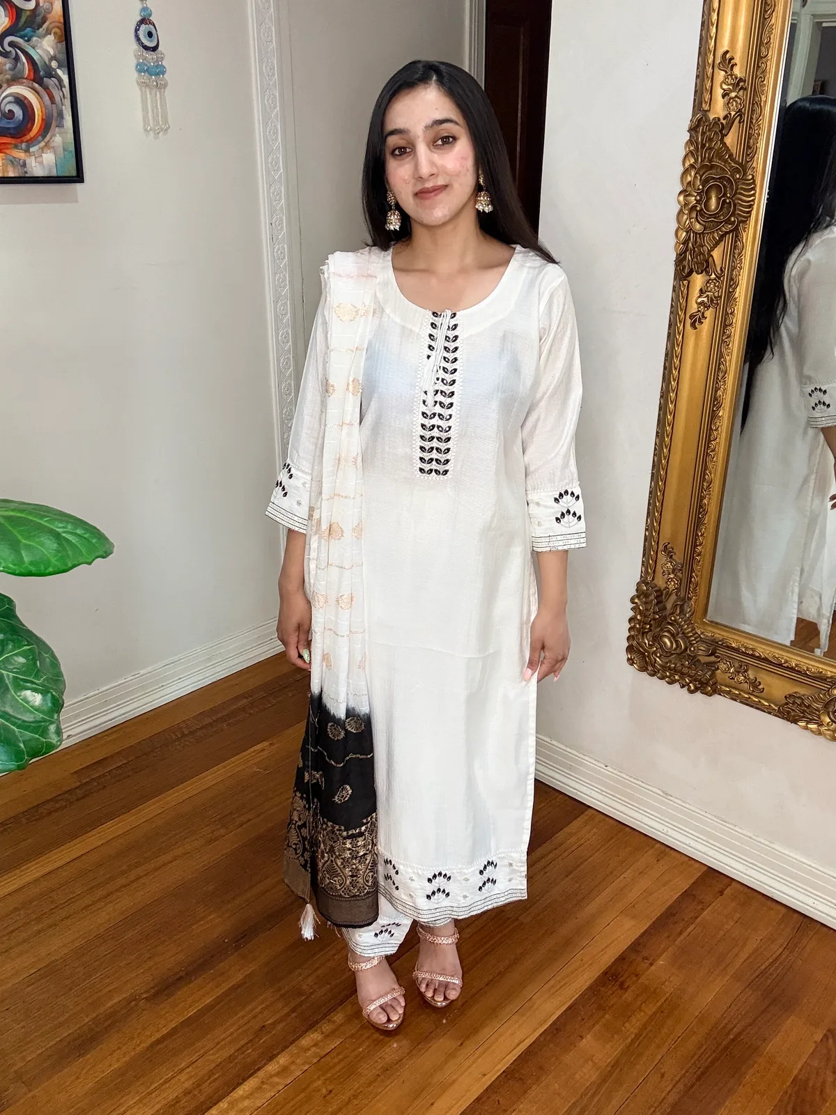 Ivory Cotton Silk Suit with Black Embroidered Placket