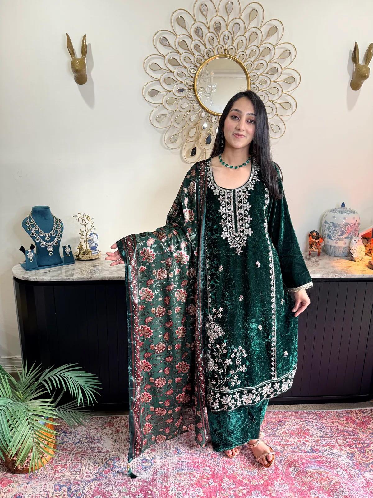 Bottle Green Velvet Suit with Bead-Work Embroidery and Digital Dupatta