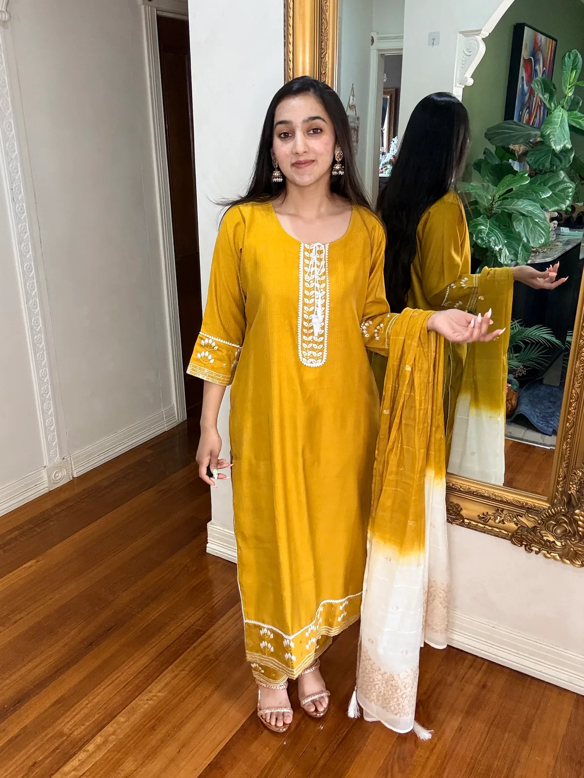 Mustard Cotton Suit with White Embroidered Placket