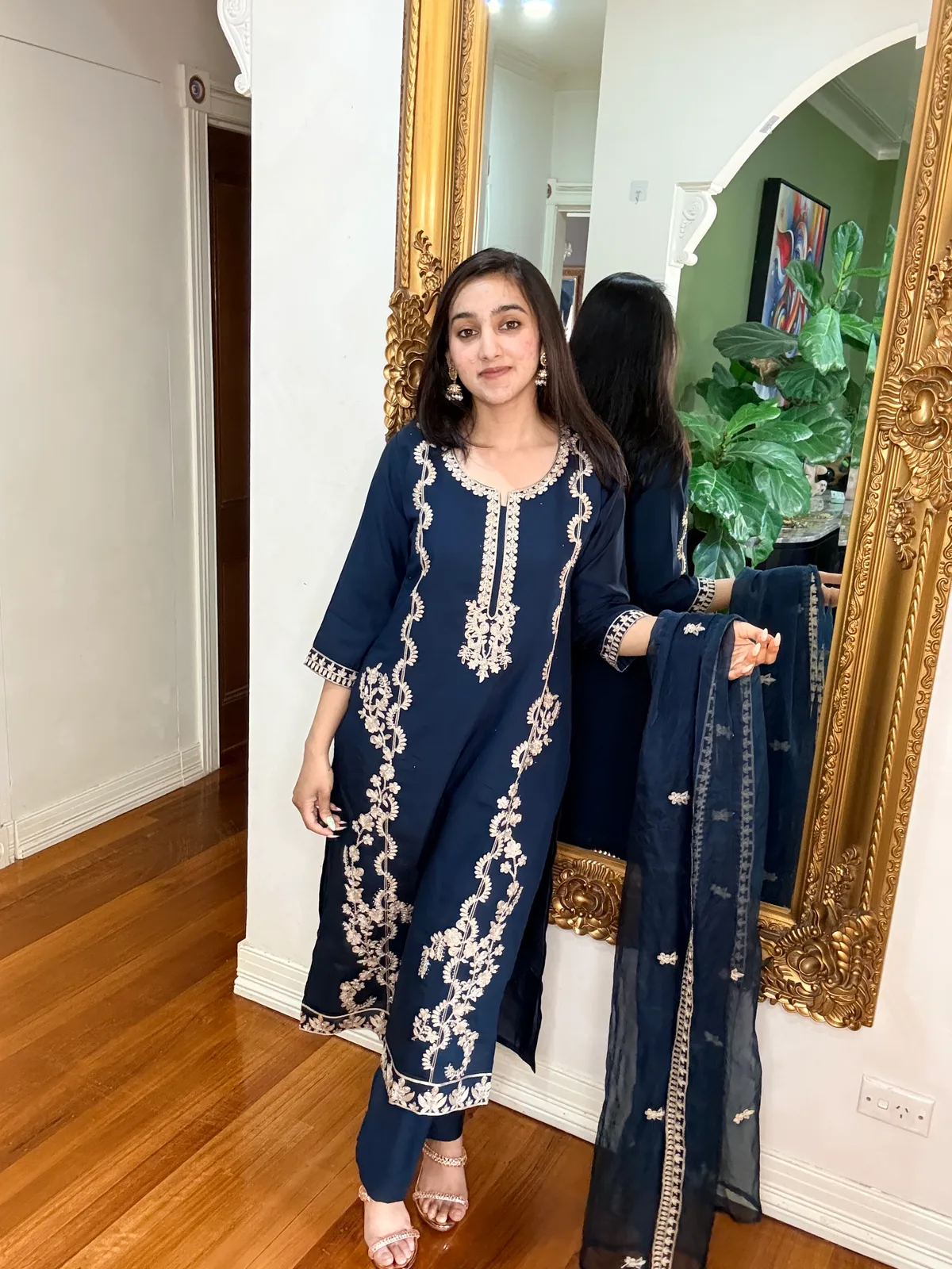 Navy Cotton Silk Suit with White Floral Embroidery