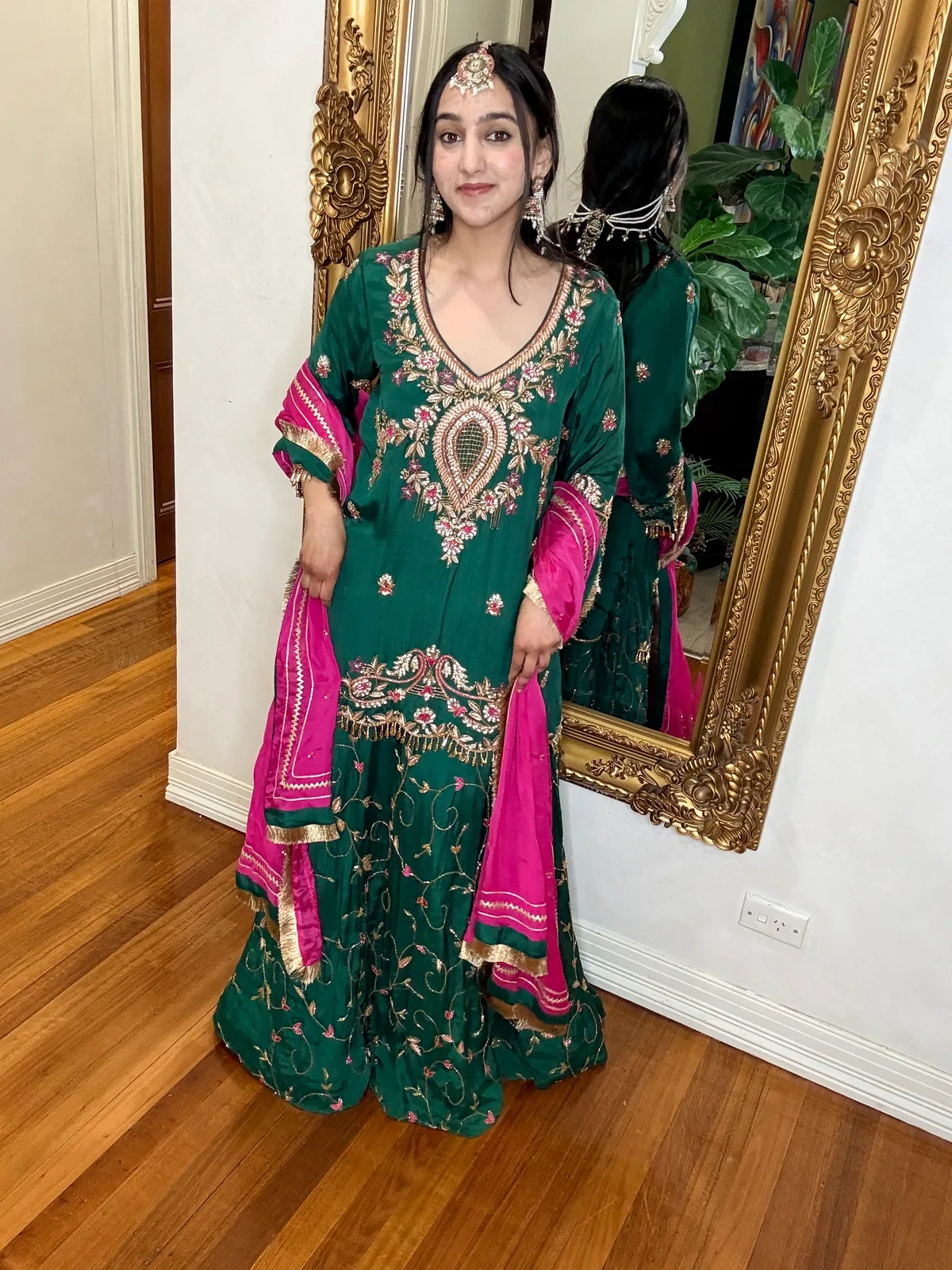 Bottle Green Hand-Embroidered Shirt with Contrast Fuchsia Dupatta