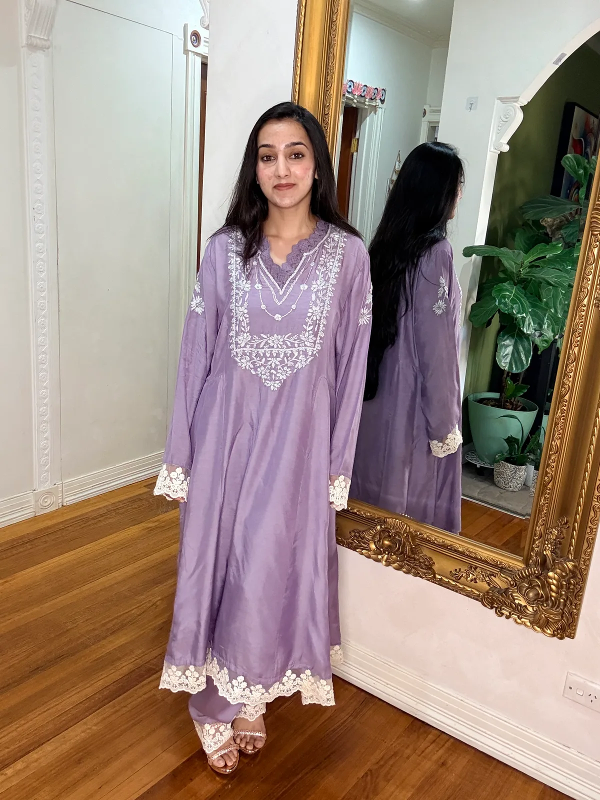 Lavender Lucknowi Cotton Silk Kurti with Thread Work