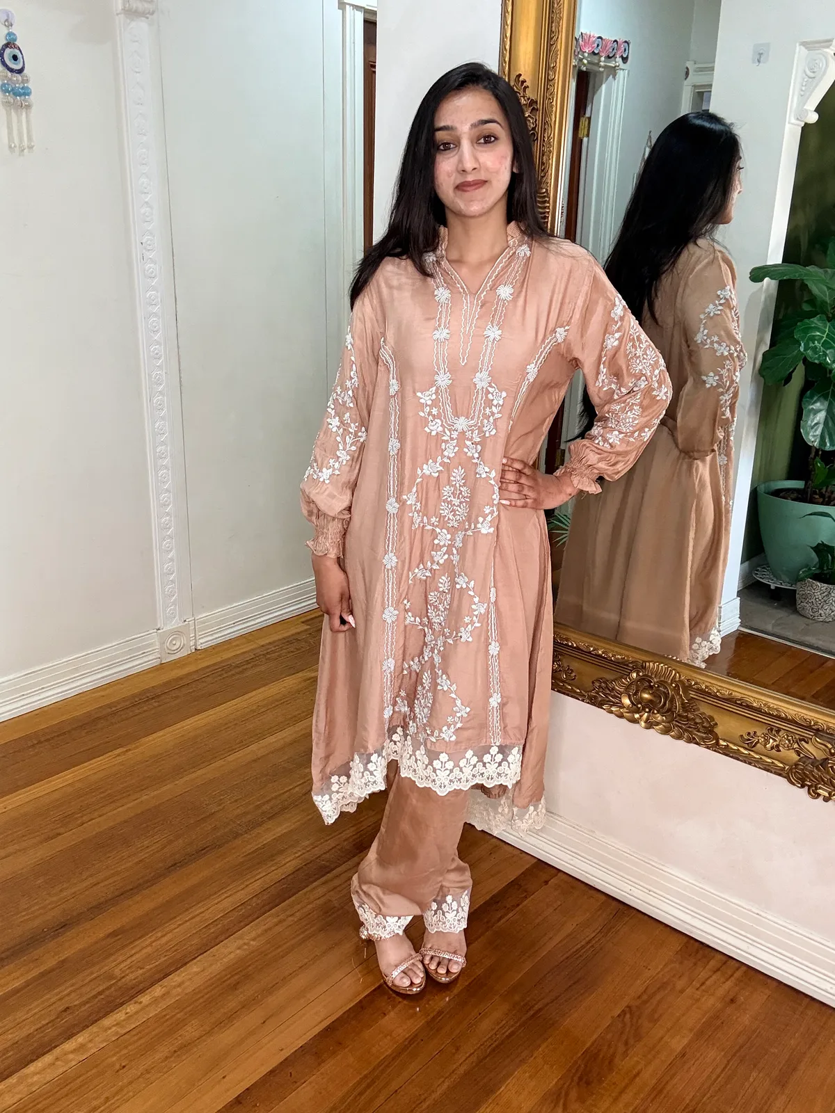 Peach Lucknowi Cotton Silk Kurti with Thread Work