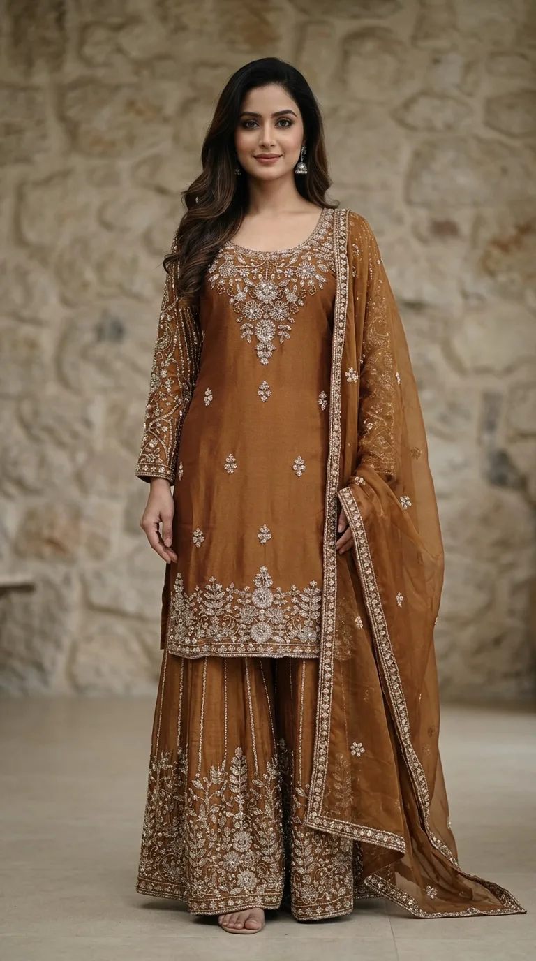Rust Orange Embroidered Kurta with Sharara and Dupatta