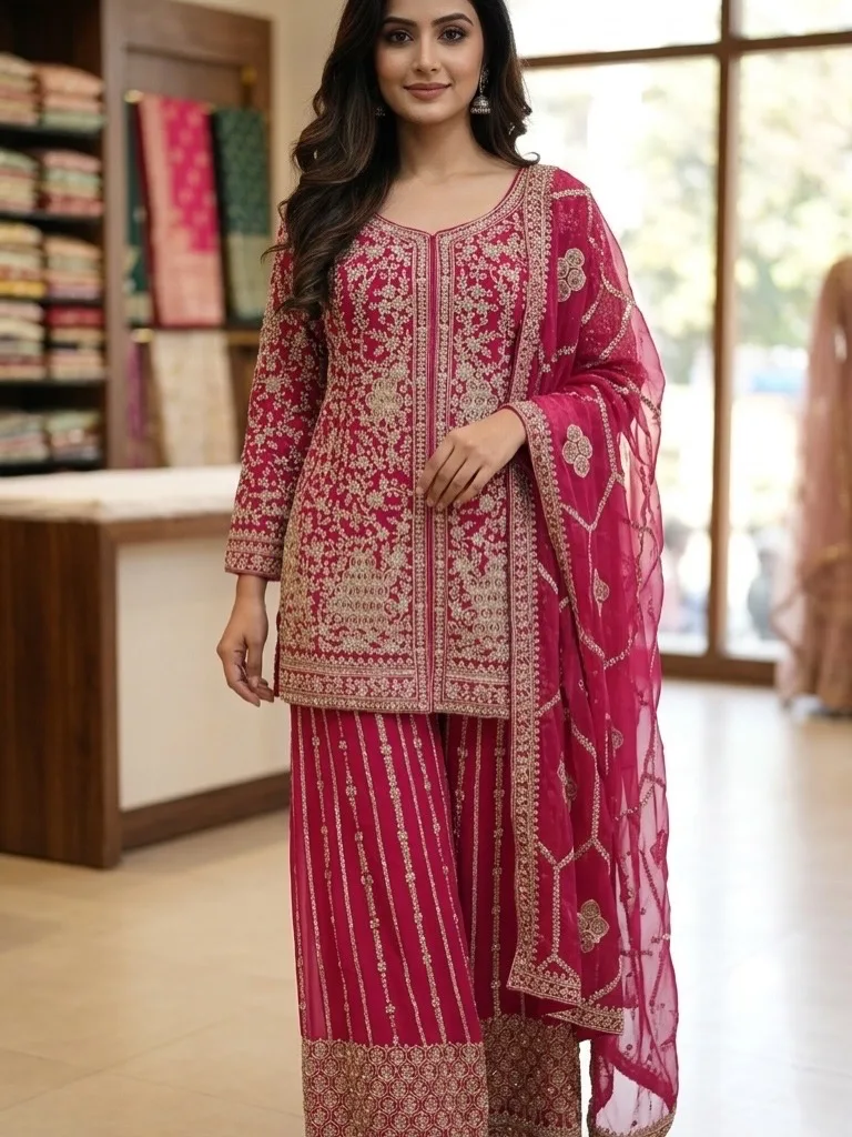 Hot Pink Embroidered Shirt with Sharara and Dupatta