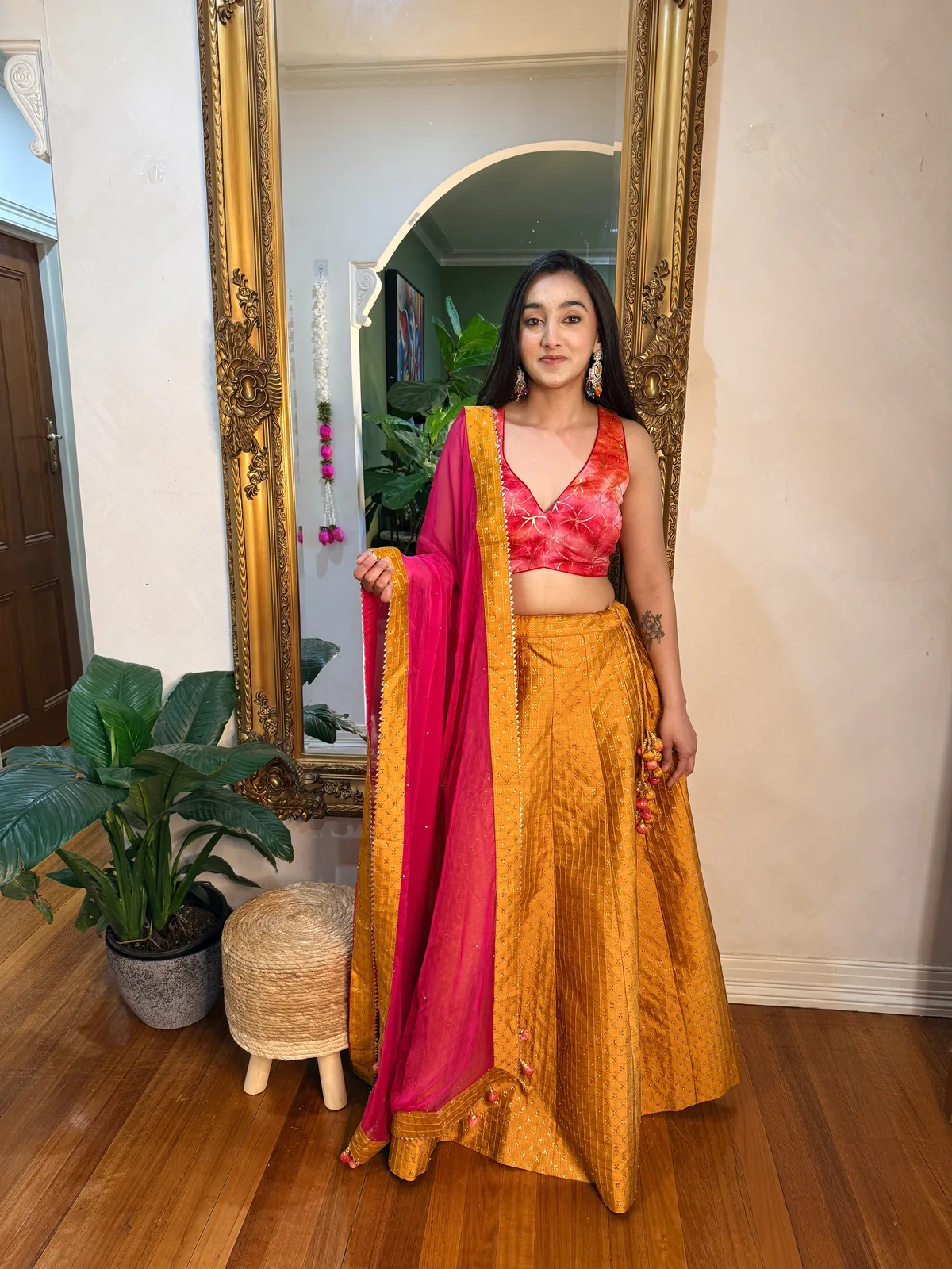 Mustard Banarasi Lehenga with Coral Sequin Choli