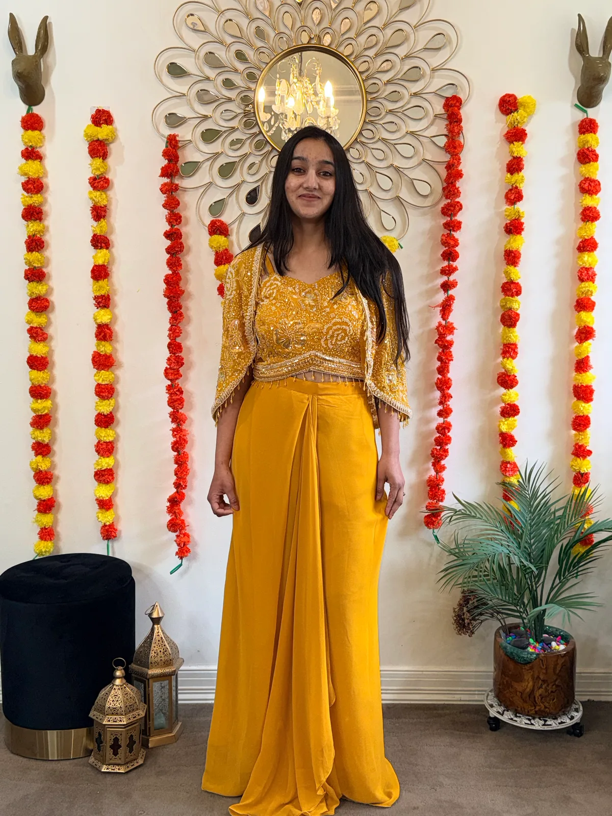 Mustard Crop Top Dhoti Skirt with Embroidered Cape