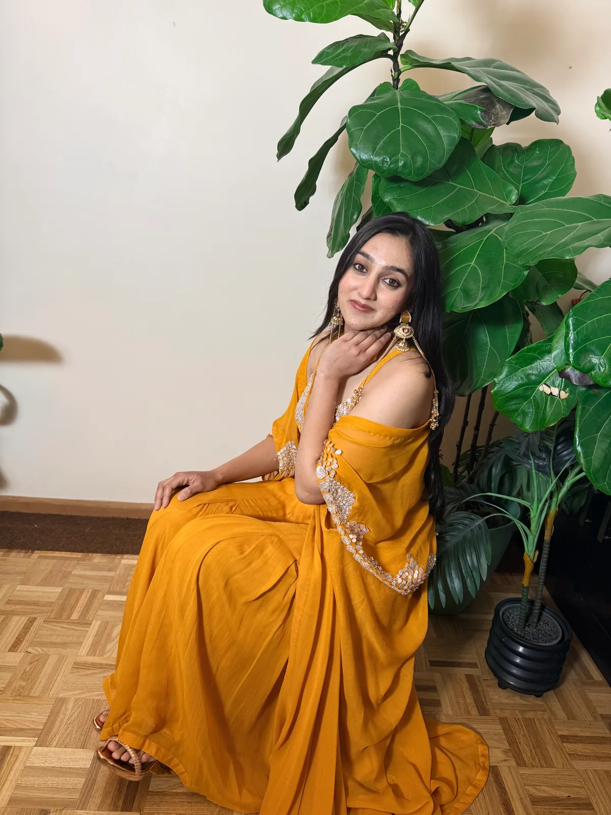 Marigold Sequin Crop Top Sharara with Embroidered Cape